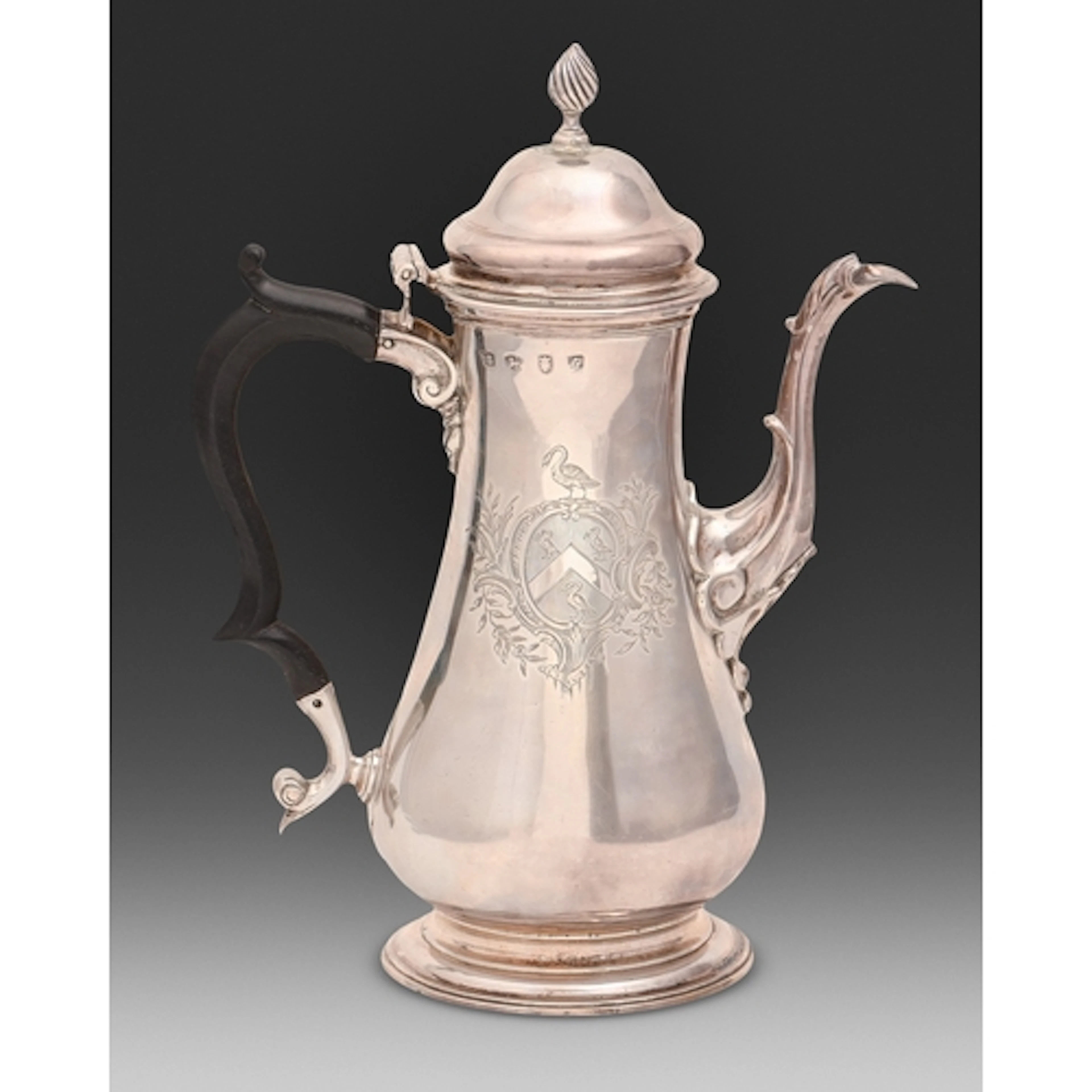 A George II silver coffee pot, with low domed lid, bell shap...