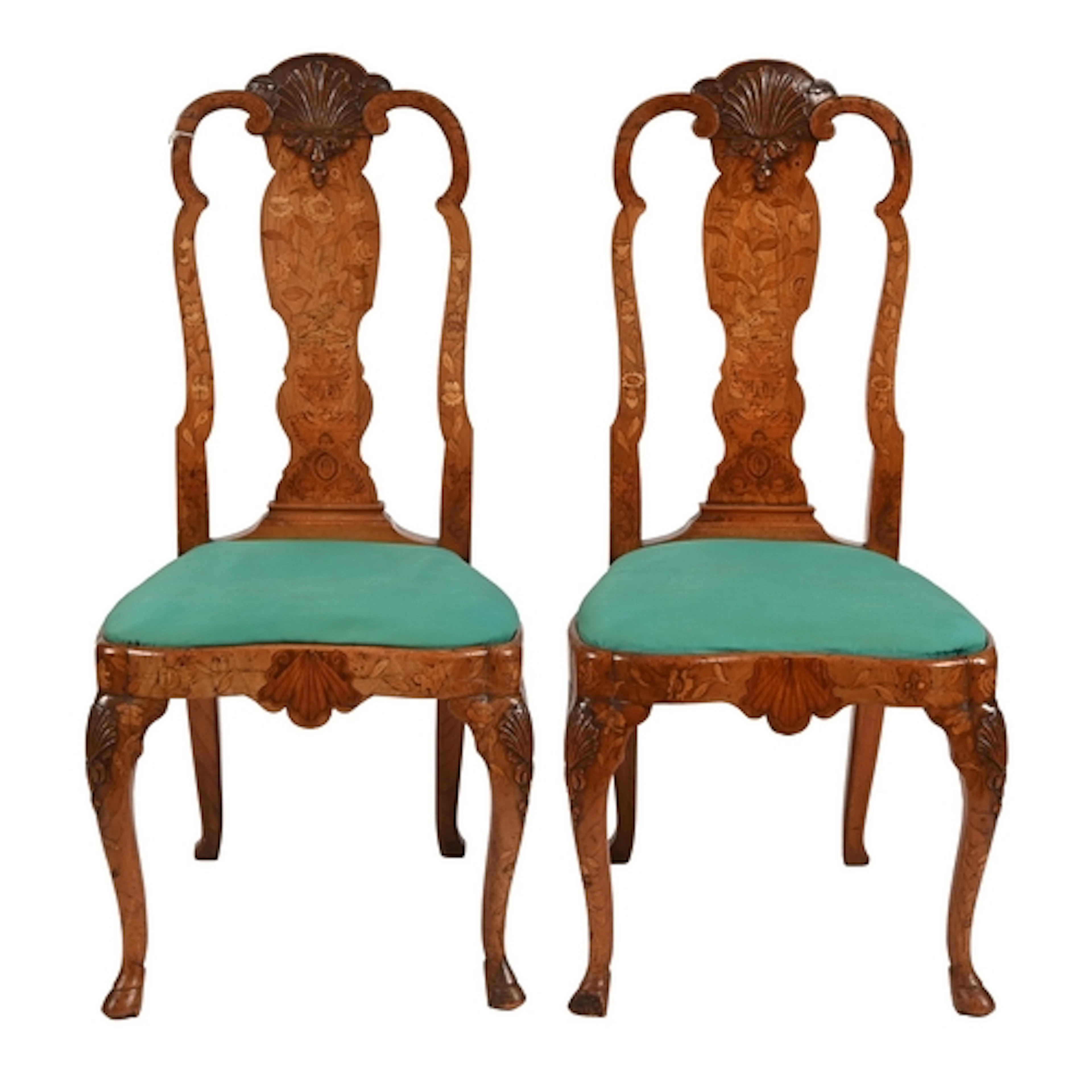 A pair of Dutch walnut and marquetry chairs, 18th c, the sp...