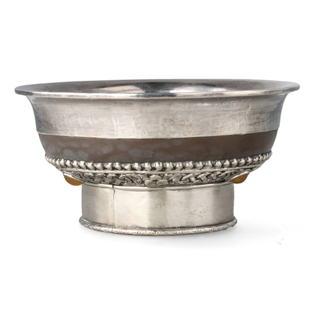 A MONGOLIAN OR TIBETAN TEA BOWL WITH FINE SILVER MOUNTS 12.5...
