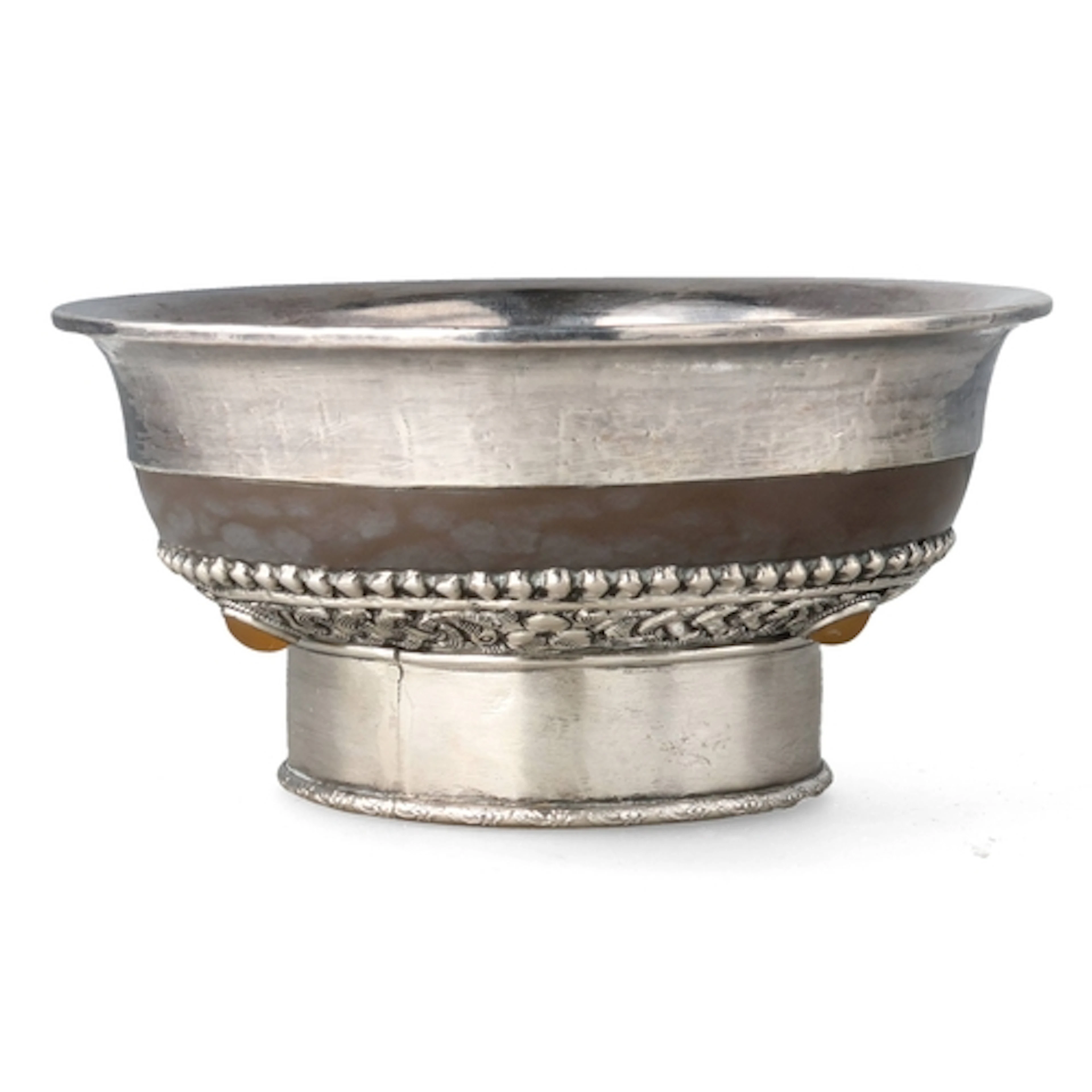 A MONGOLIAN OR TIBETAN TEA BOWL WITH FINE SILVER MOUNTS 12.5...