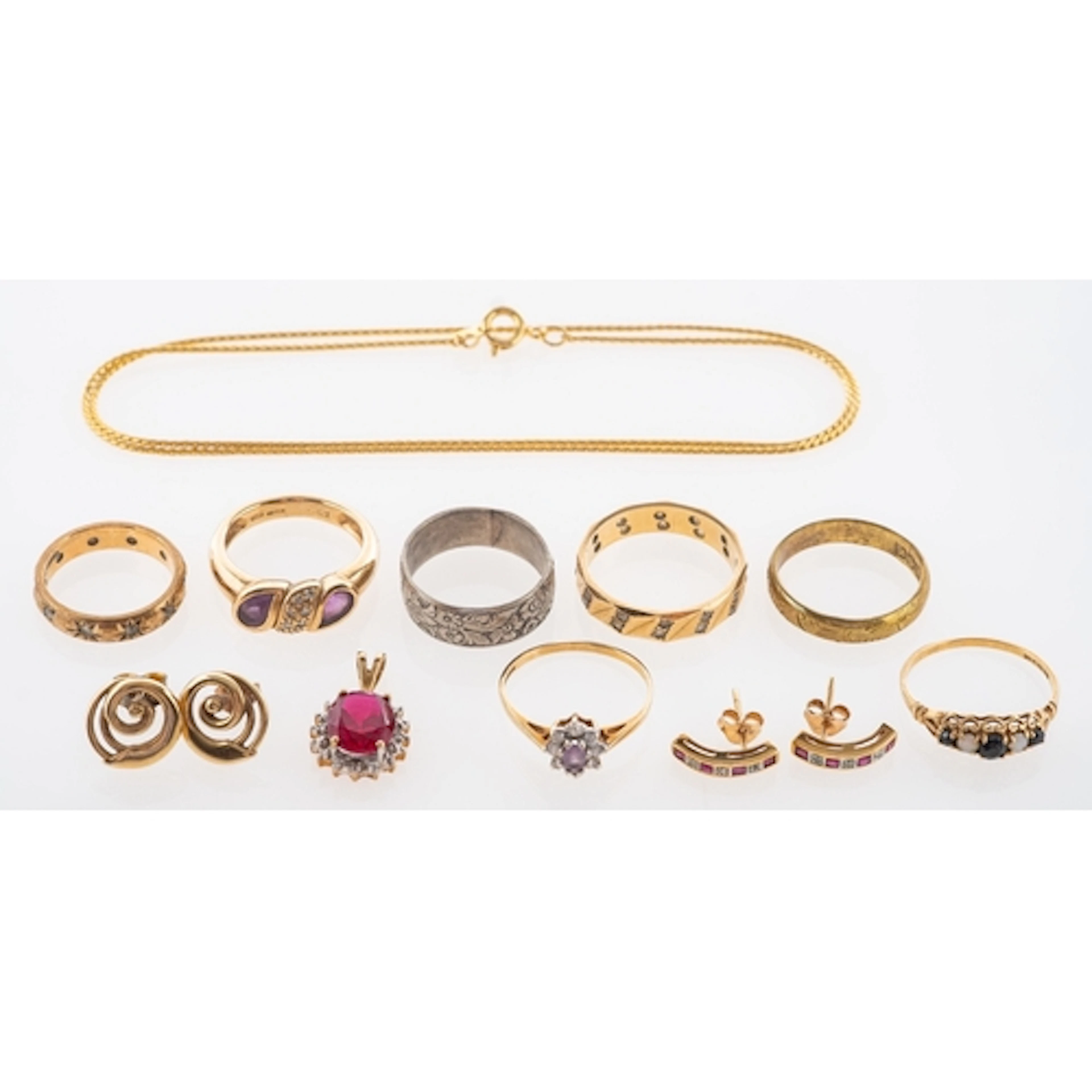 A collection of jewellery, including two 9ct gold full etern...
