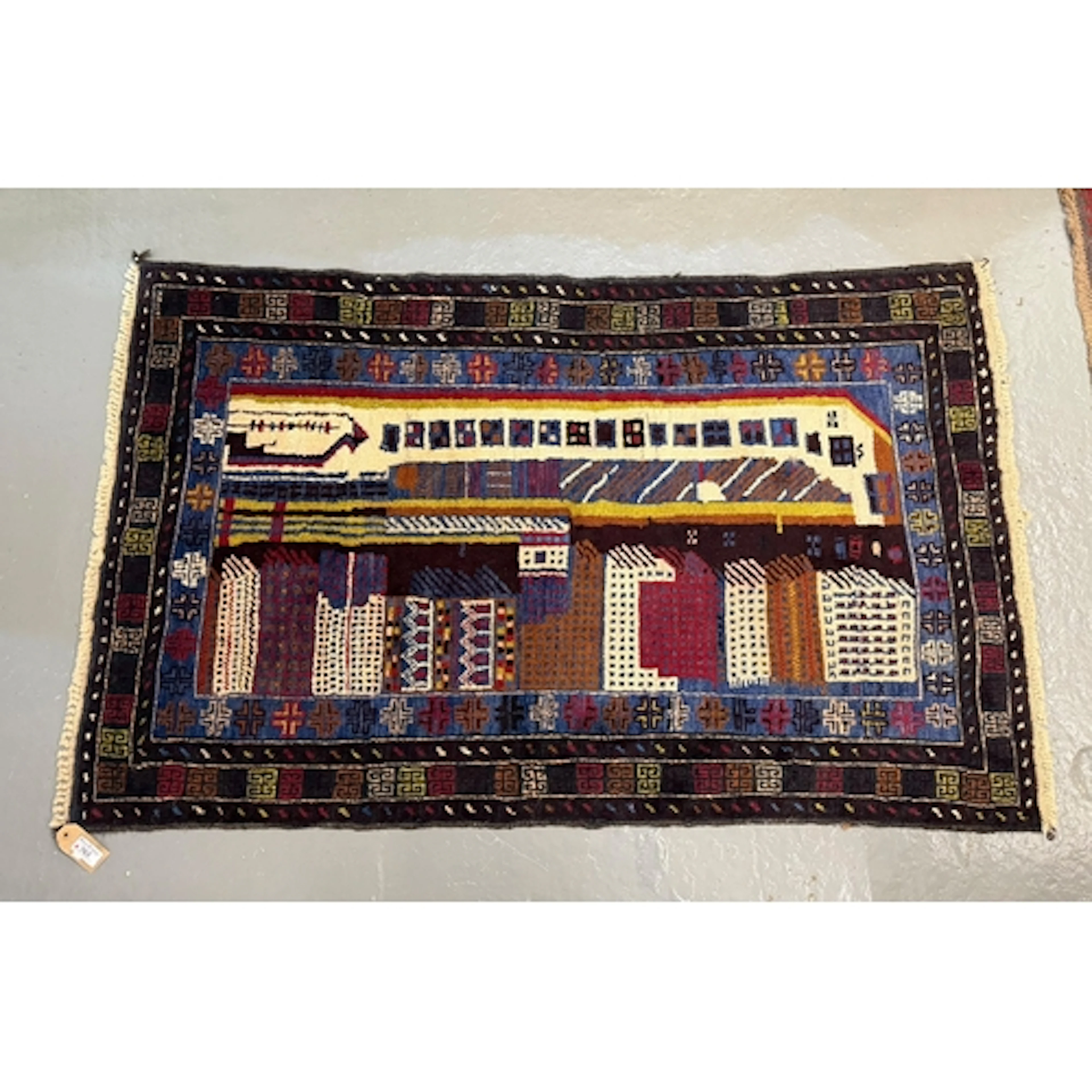 Afghan pictorial or tribal wool rug with architectural build...