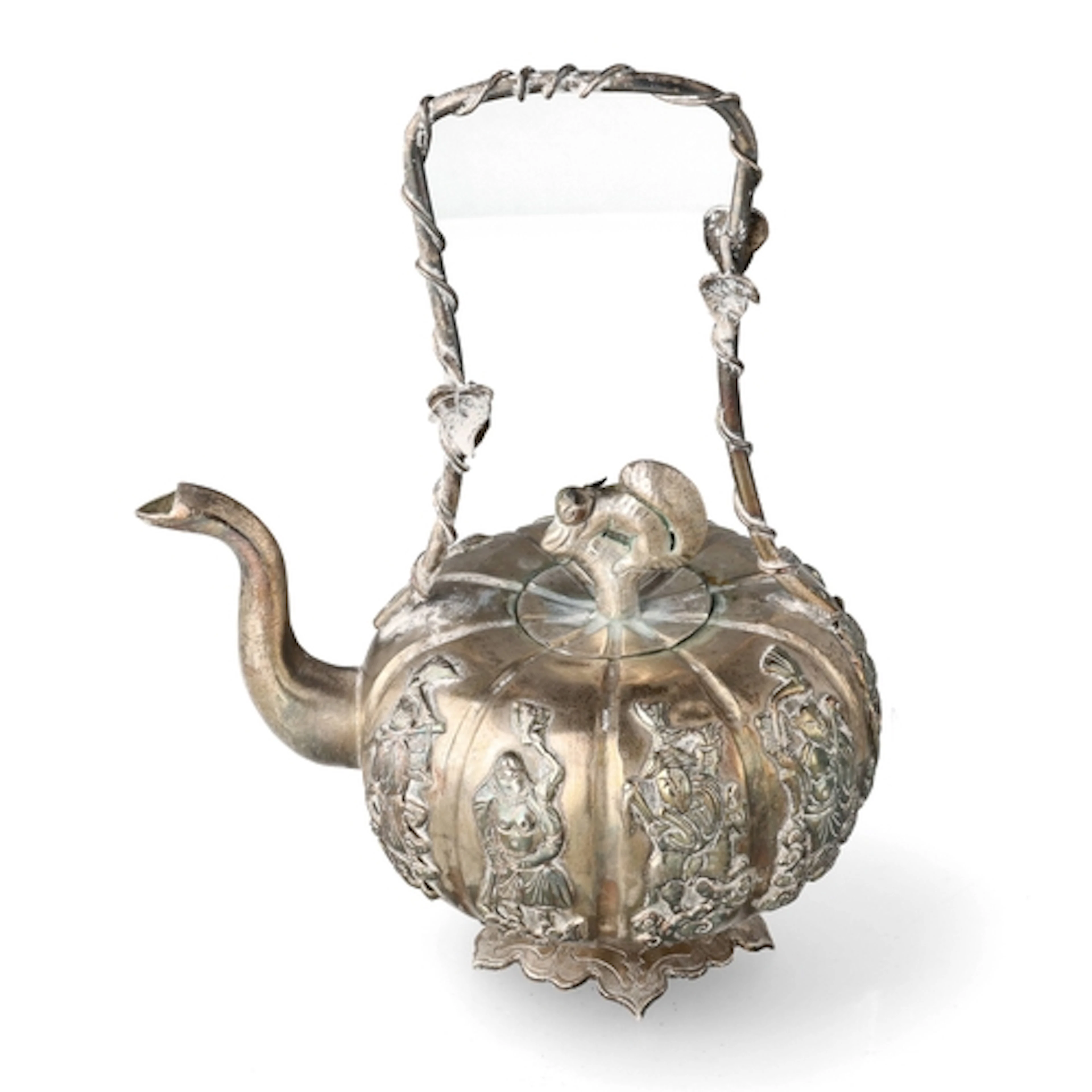 A CHINESE SILVER WATER VESSEL The circular body decorated wi...