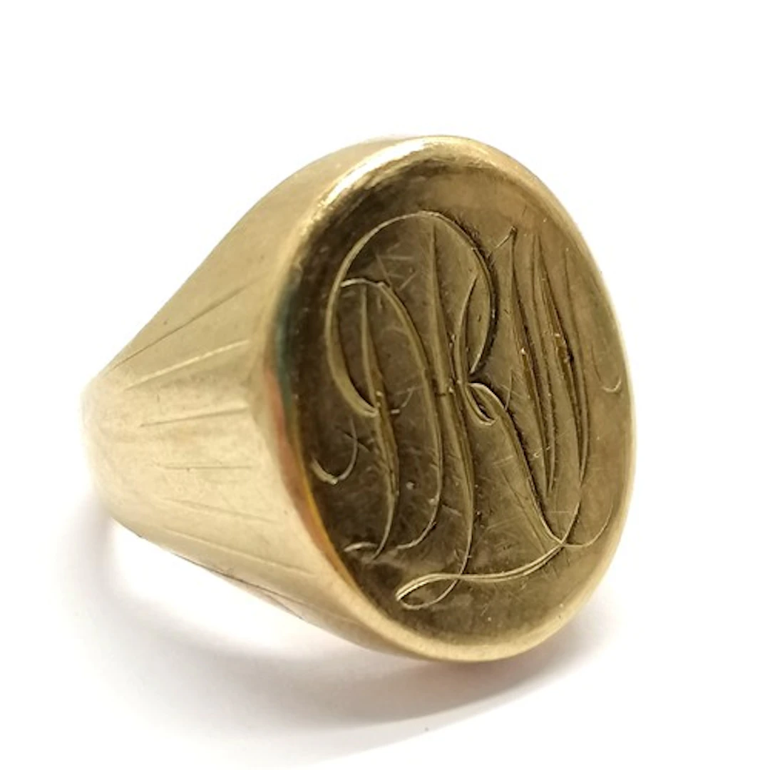 Antique 14ct marked gold oval signet ring with engraved init...