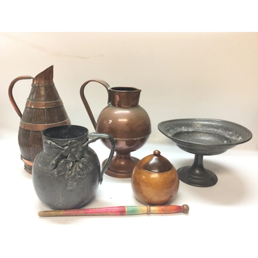 Pewter and copper pieces and a hardwood condiment jar