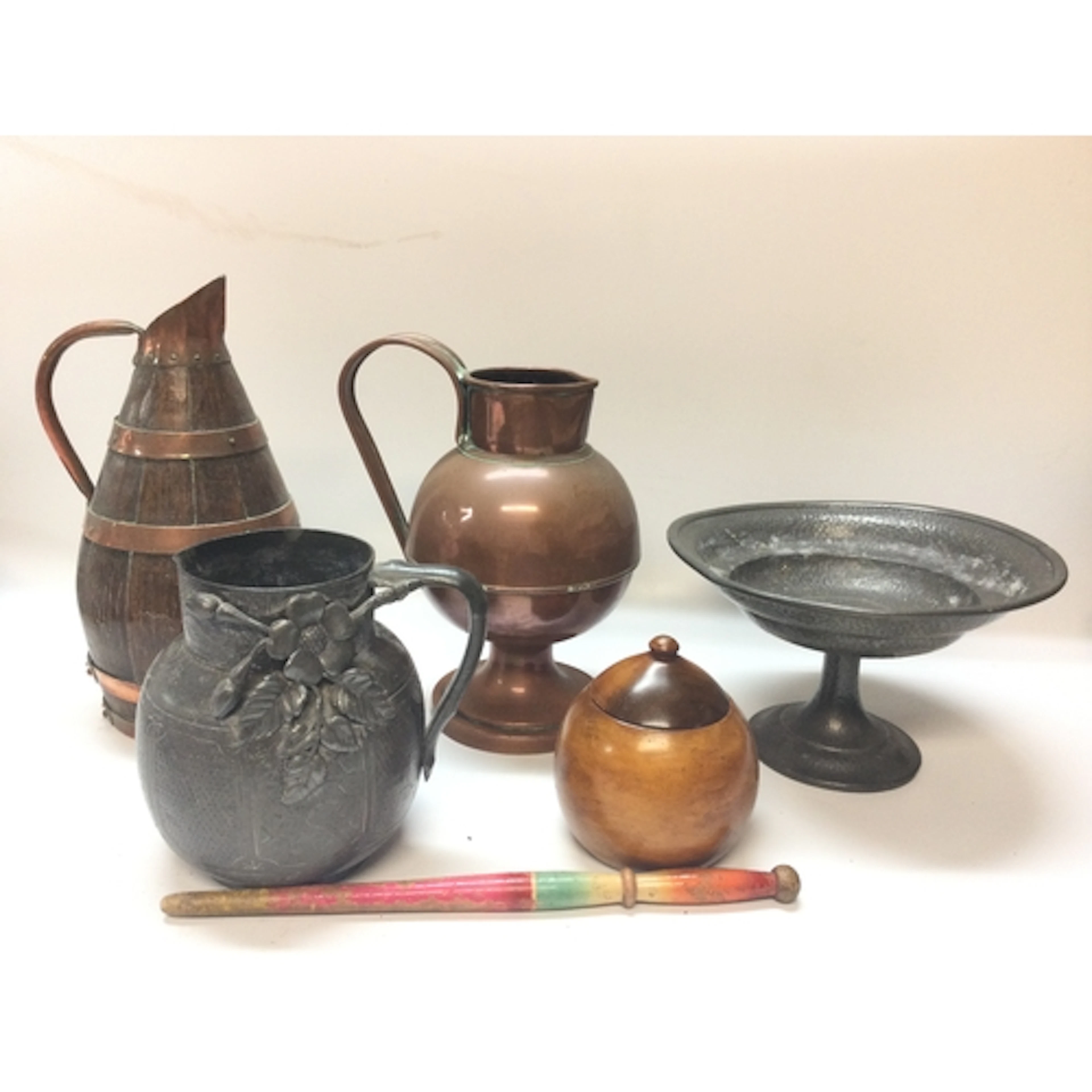 Pewter and copper pieces and a hardwood condiment jar