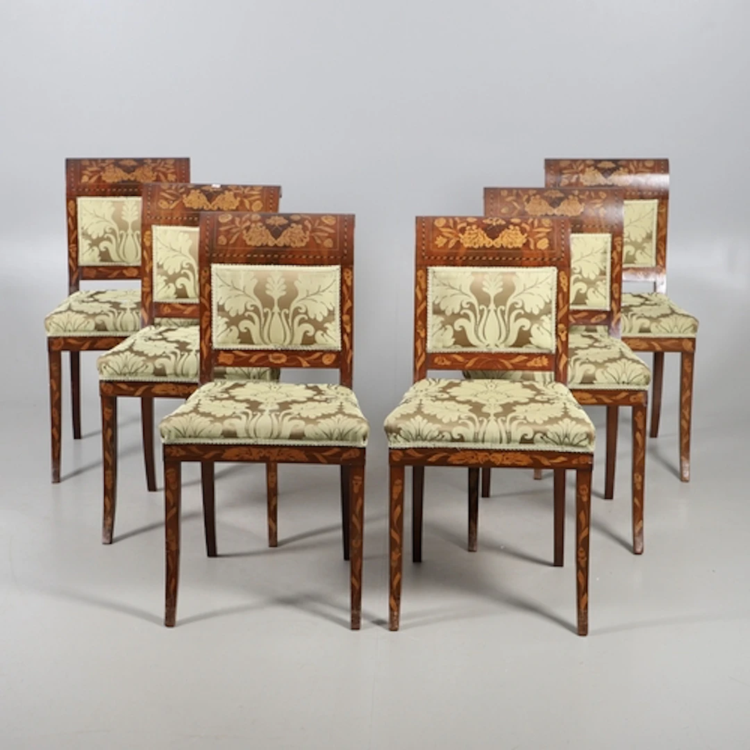 A SET OF SIX DUTCH MAHOGANY AND MARQUETRY DINING CHAIRS. ear...