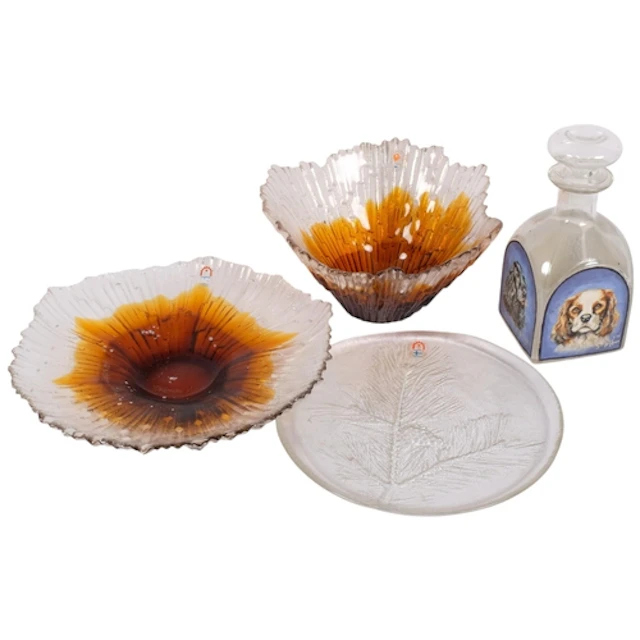 A group of Finnish Humppila glass, including a fluted amber ...