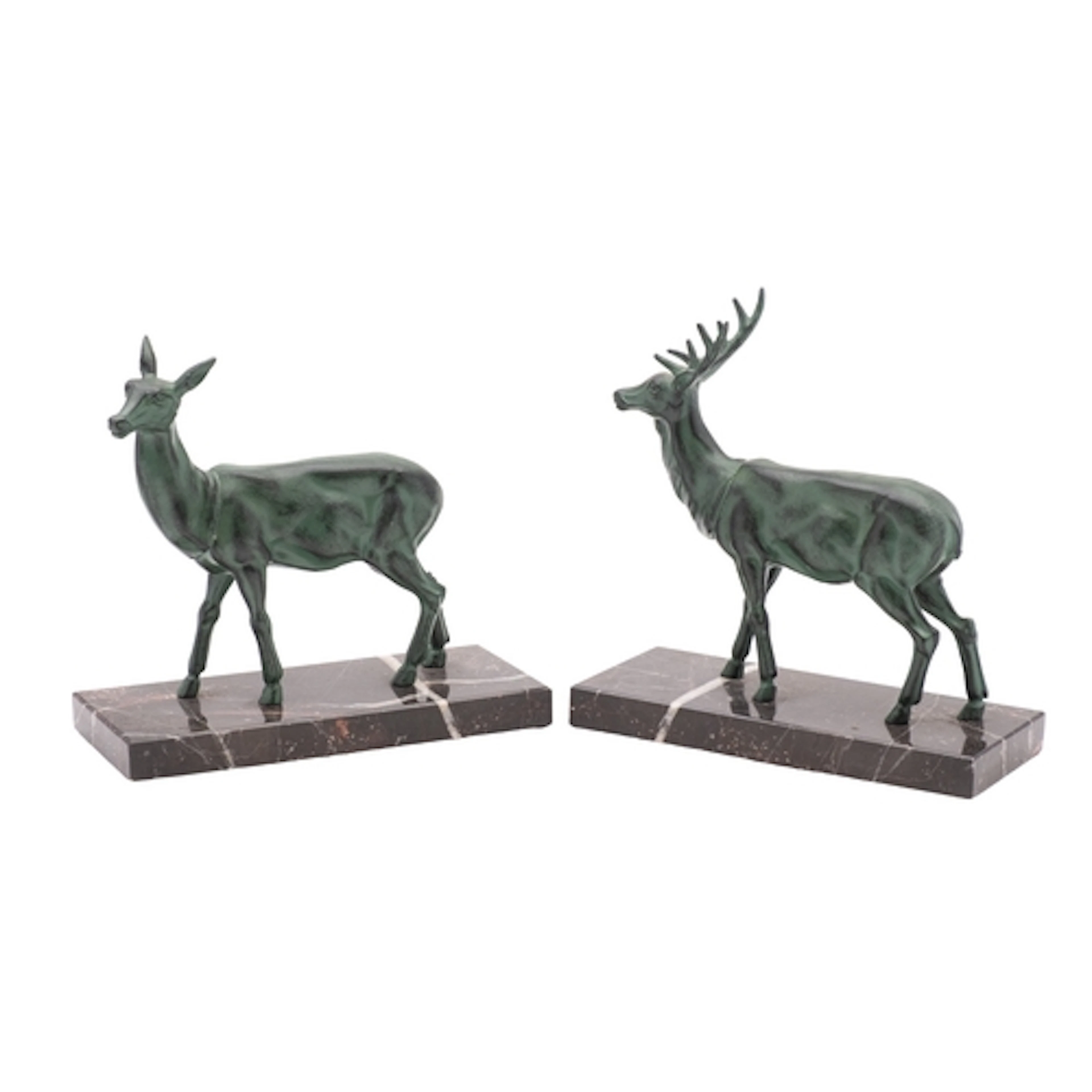 A pair of verdigris patinated models of deer in Art Deco tas...