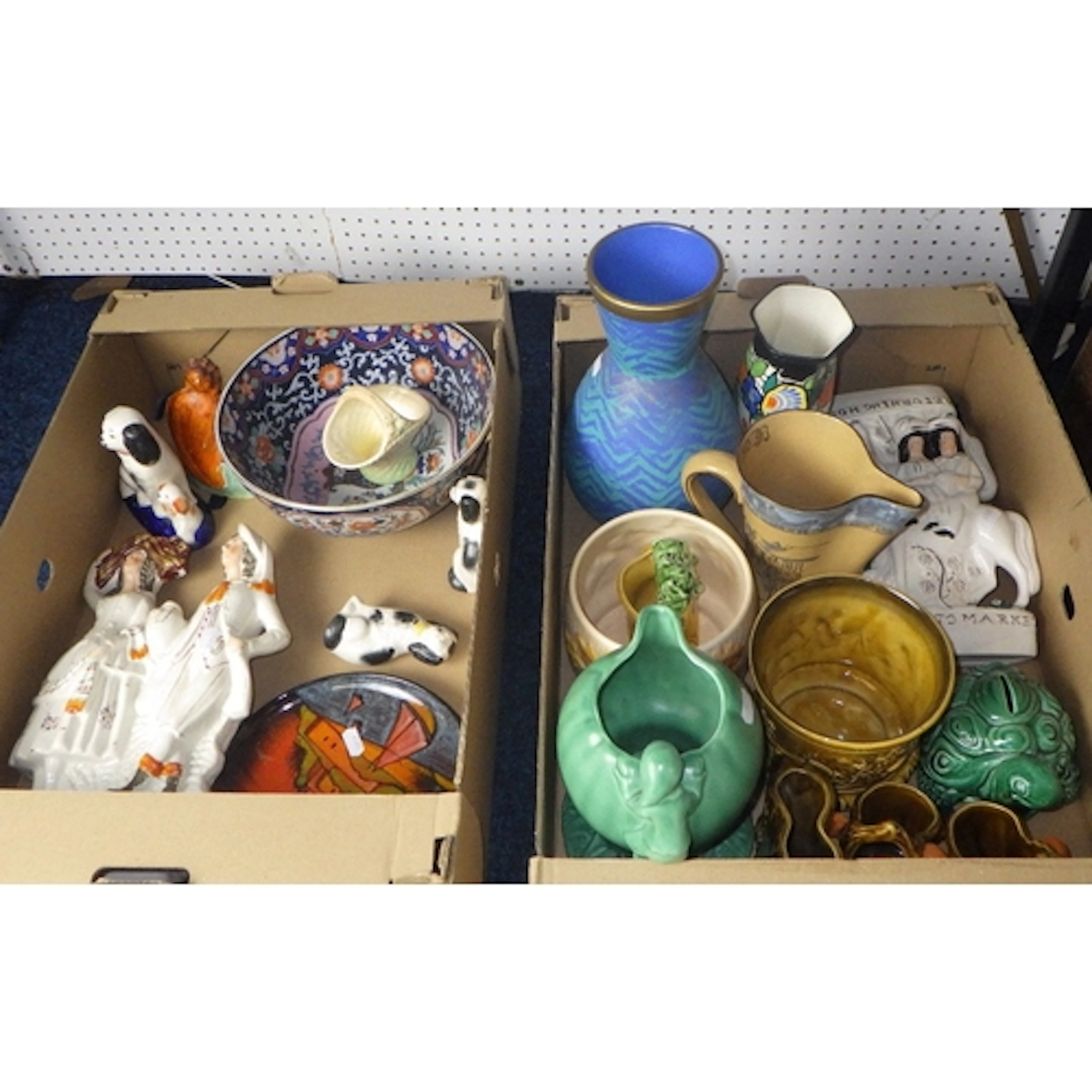 Two boxes of misc ceramics to inc Staffordshire figures, jug...