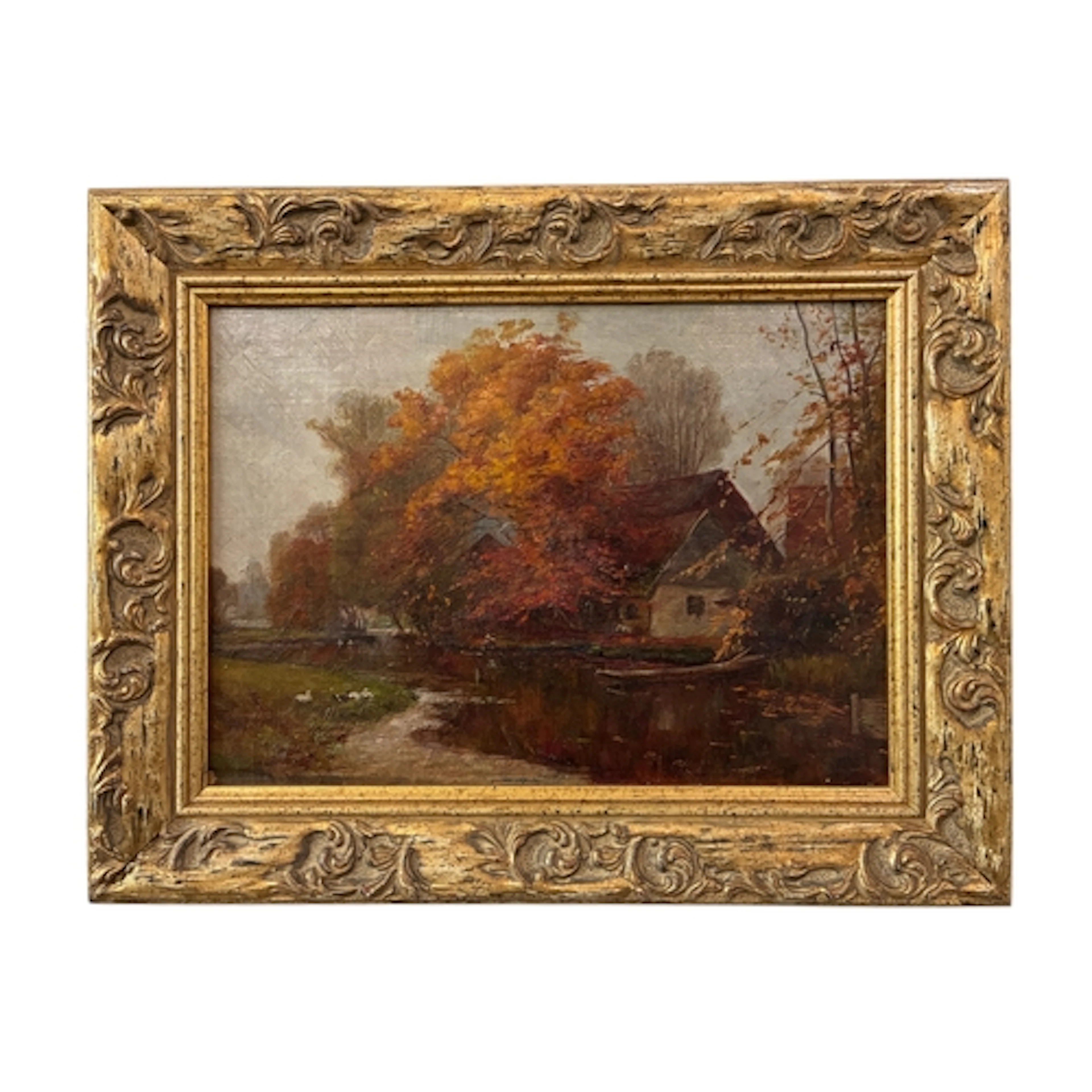 European School, Late 19th Century - Autumn scene by the riv...