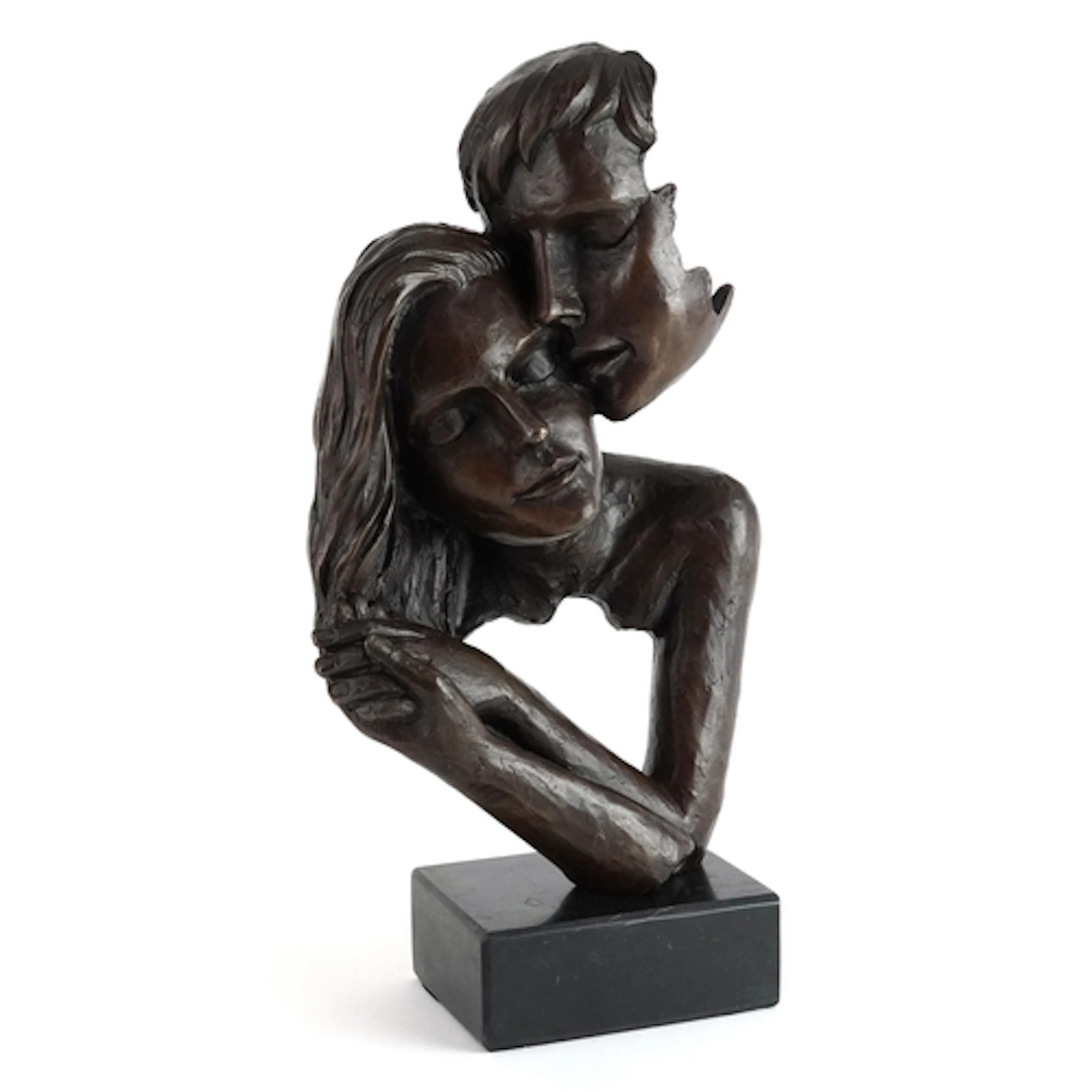 Patinated bronze sculpture of a loving couple raised on a bl...