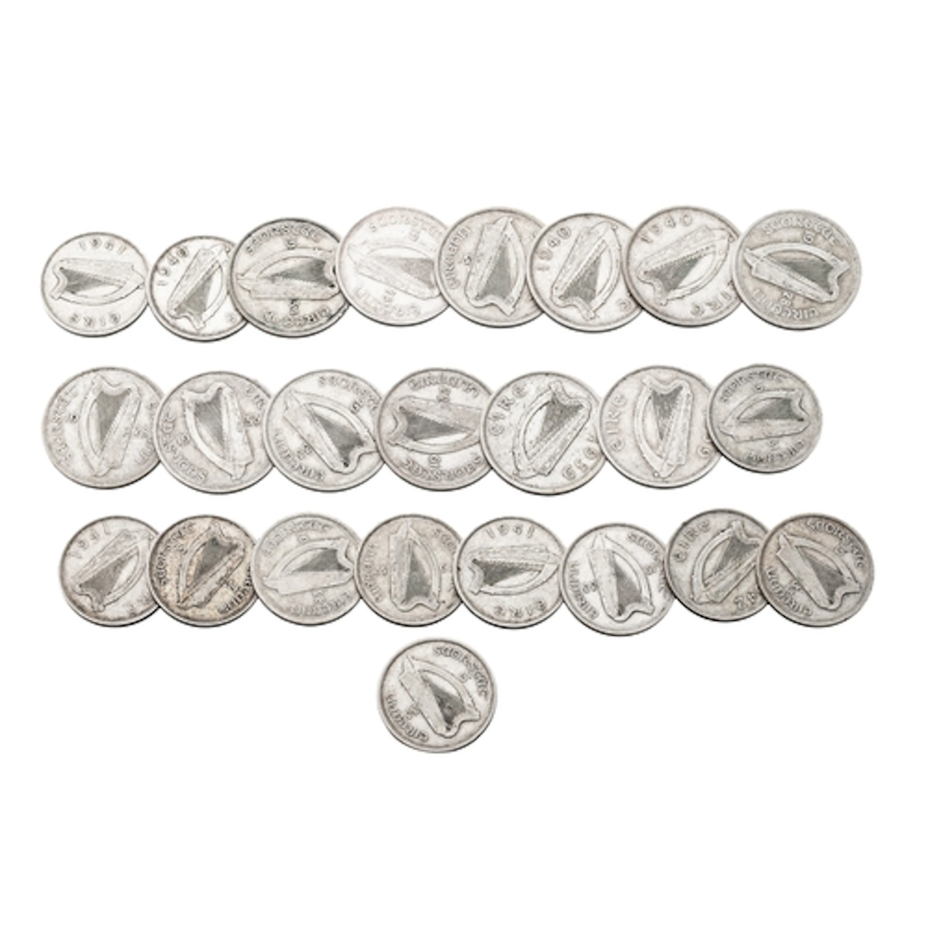 12 X IRISH 75% SILVER HALF CROWNS, plus 12 x Florins, all 19...