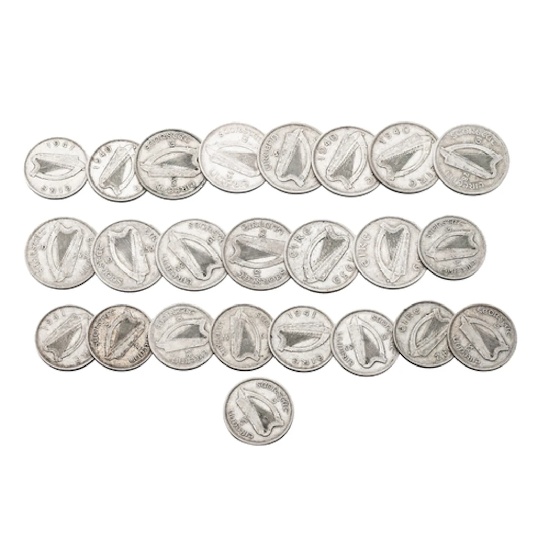 12 X IRISH 75% SILVER HALF CROWNS, plus 12 x Florins, all 19...