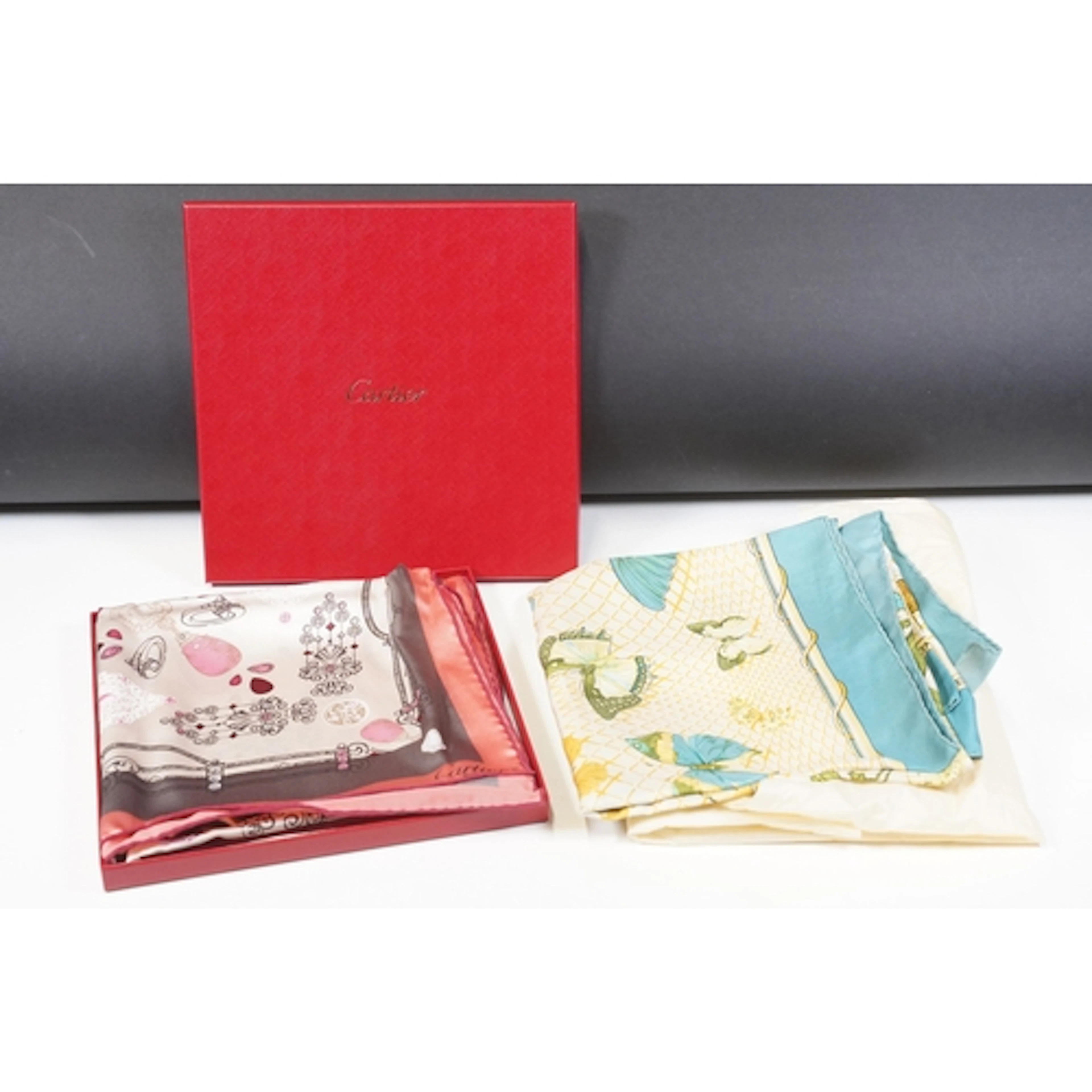 Cartier silk scarf with jewellery and gemstone design, Carti...