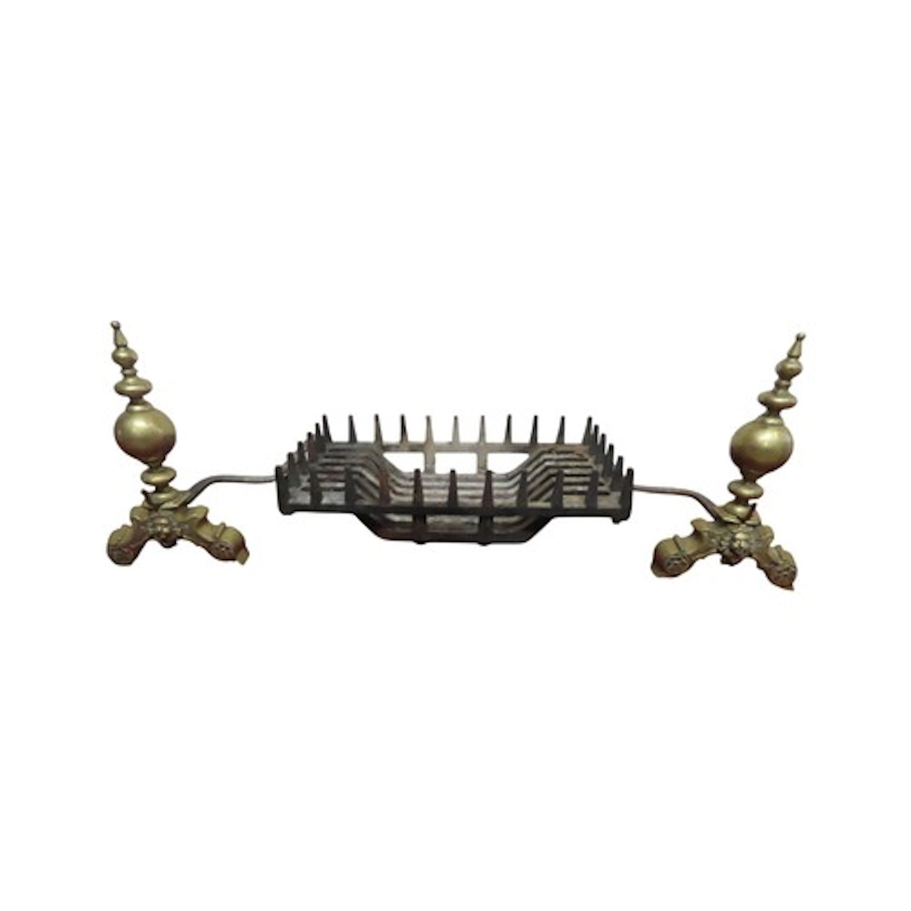 A rectangular cast iron fire basket and loose brass dogs wit...