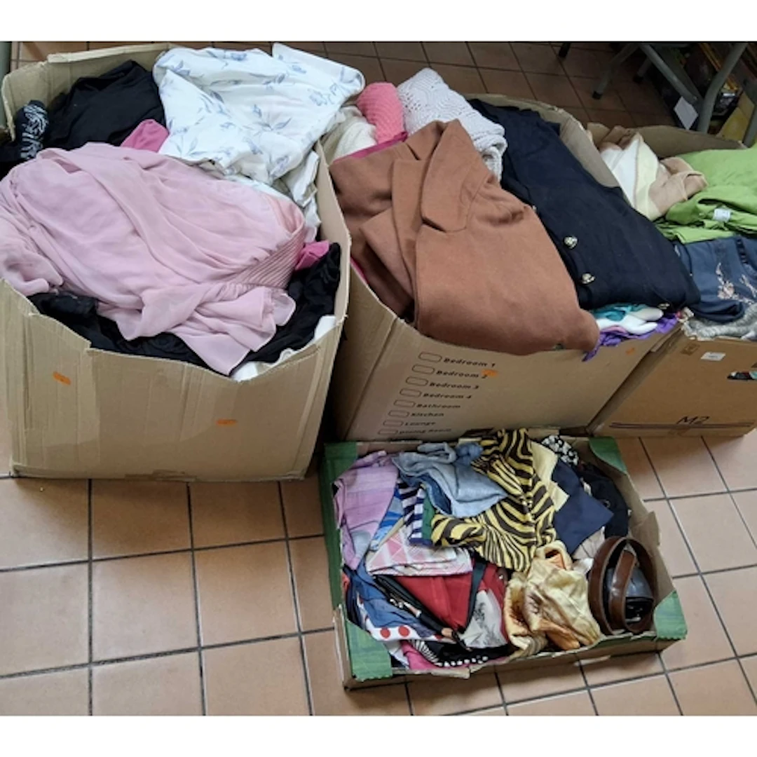 THREE BOXES AND A TRAY OF WOMEN'S CLOTHES AND ACCESSORIES, a...