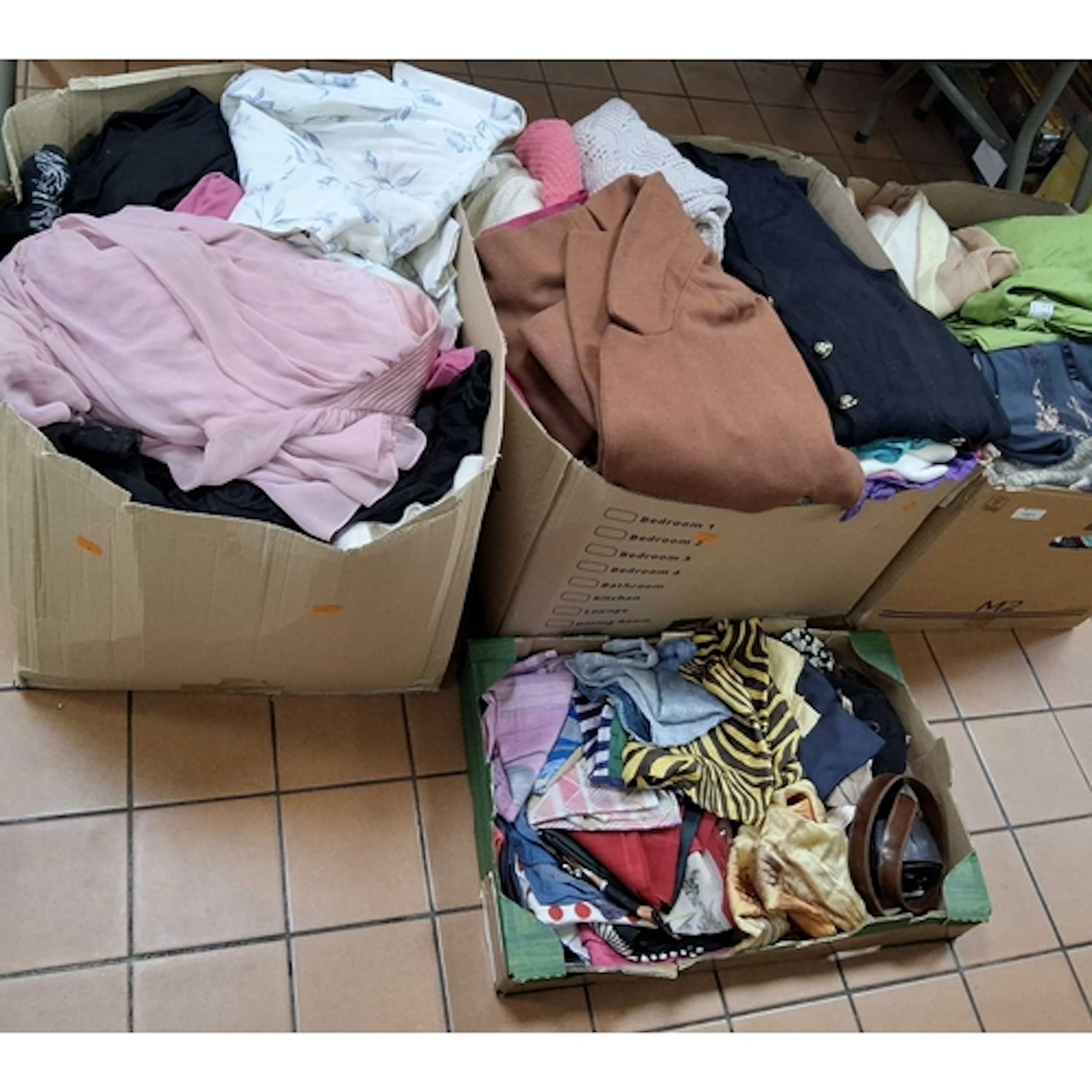 THREE BOXES AND A TRAY OF WOMEN'S CLOTHES AND ACCESSORIES, a...
