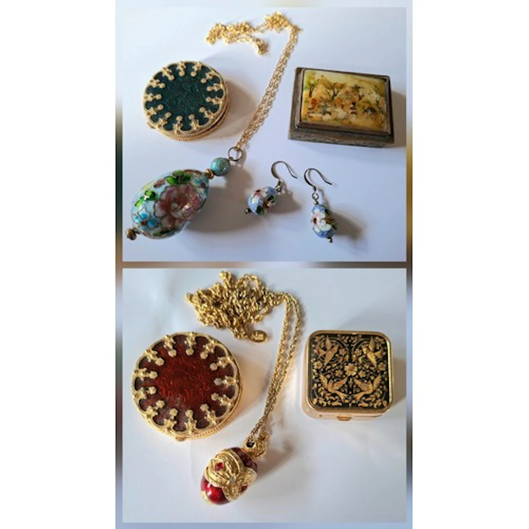 Two 1976 Estee Lauder Youth Dew perfume compacts having colo...