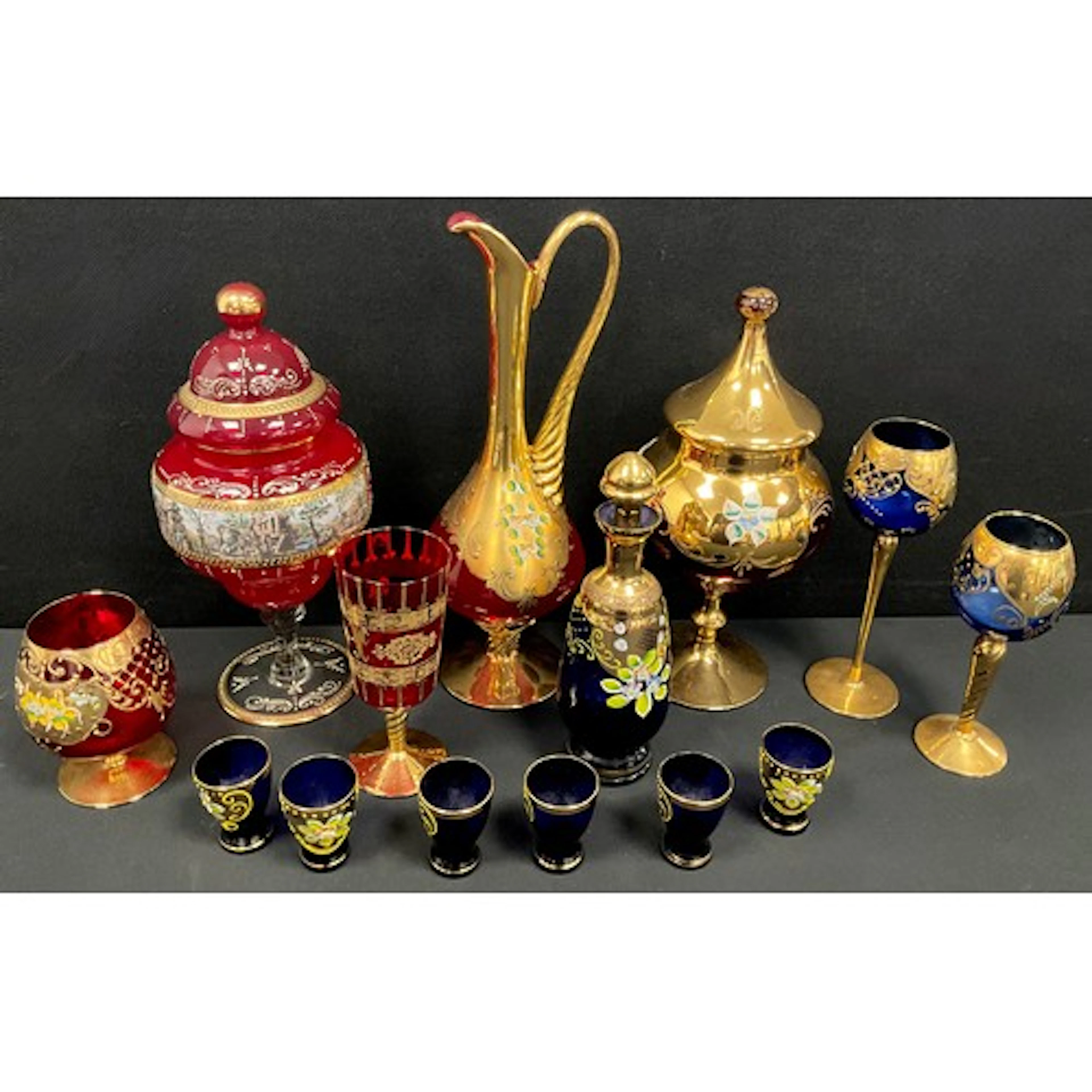 A Murano glass Tre Fuoci style wine jug, similar liquor set ...