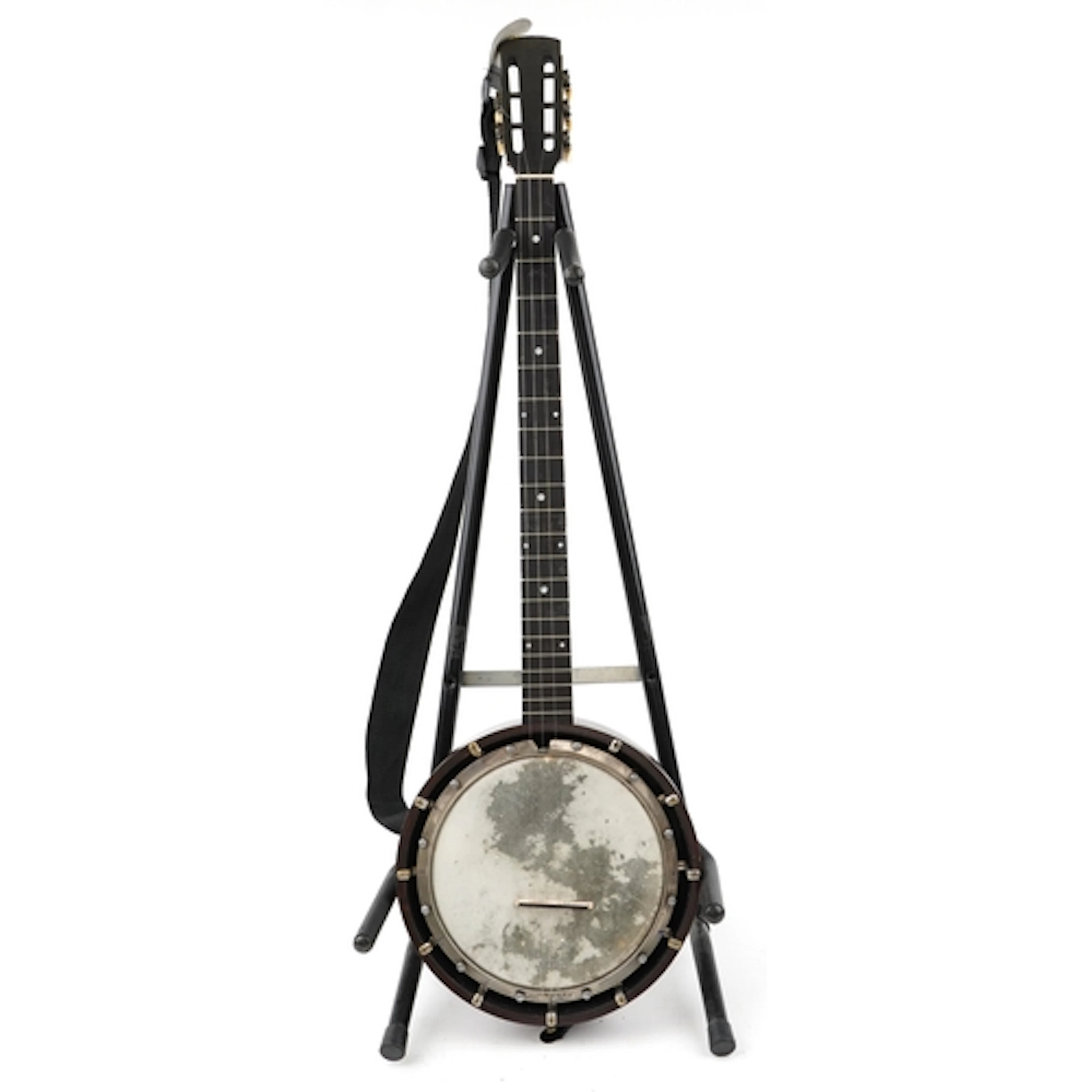 A vintage five string banjo with mother-of-pearl inlaid neck...