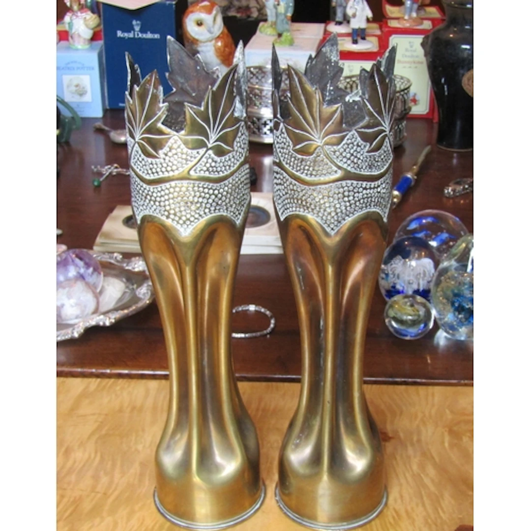 Trench Art Pair of Artillery Shells Now Decorated with Oak L...