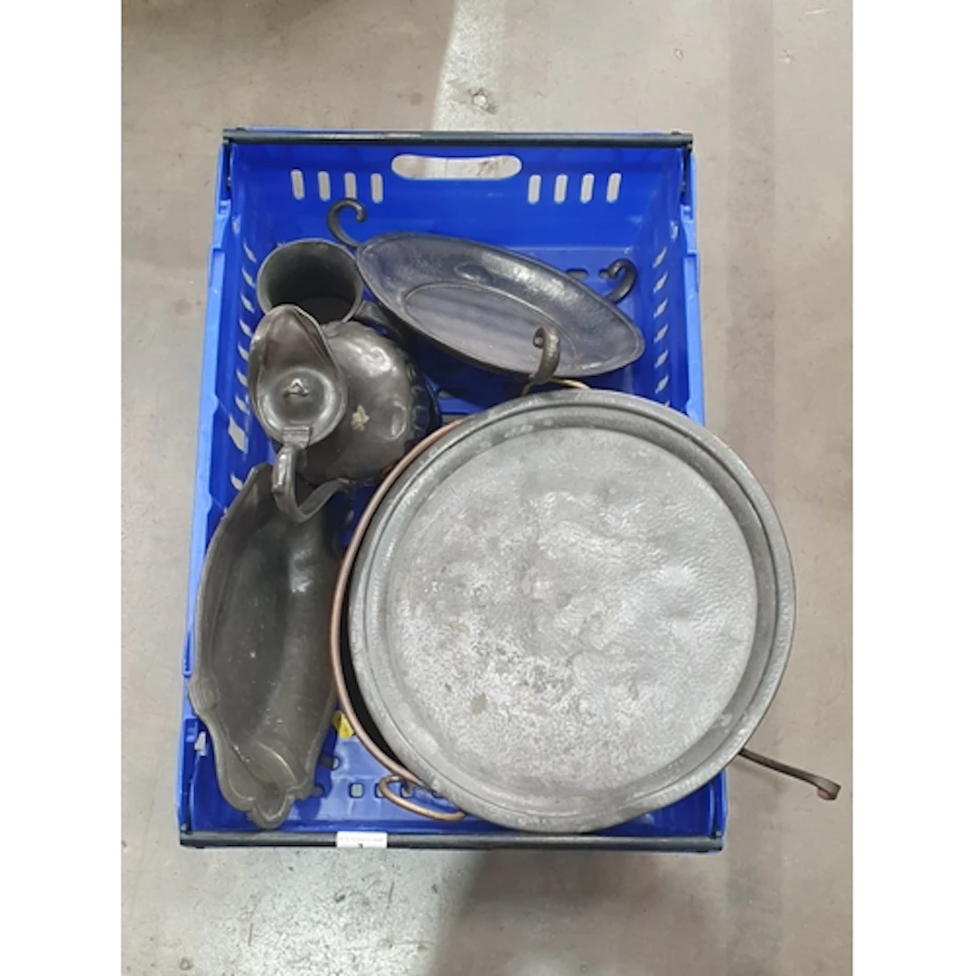 A crate of metalware to include Pewter plates, copper pots, ...
