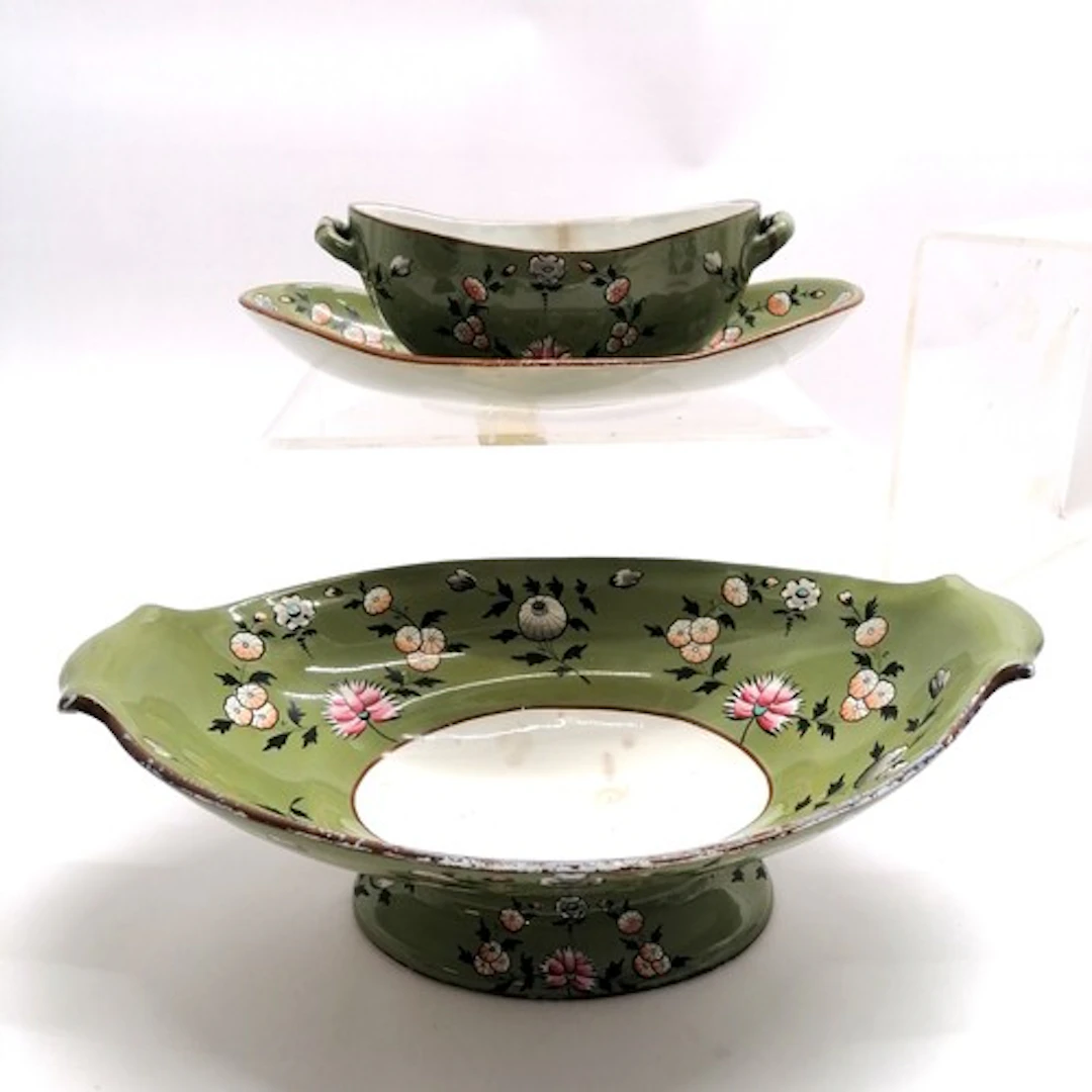 Spode antique unusual green grounded dinnerware #2182 - larg...