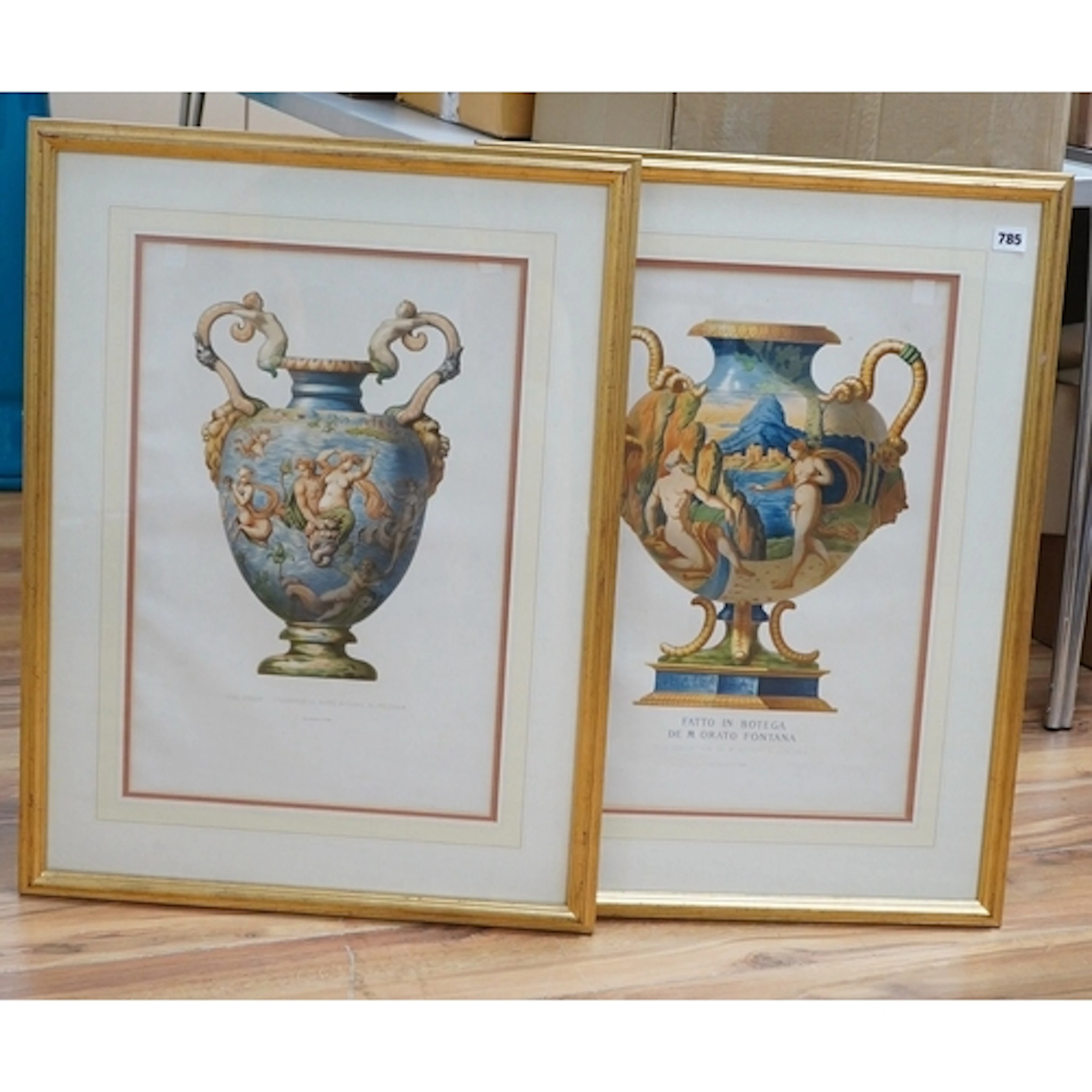 After Delange, two coloured engravings of antique maiolica v...