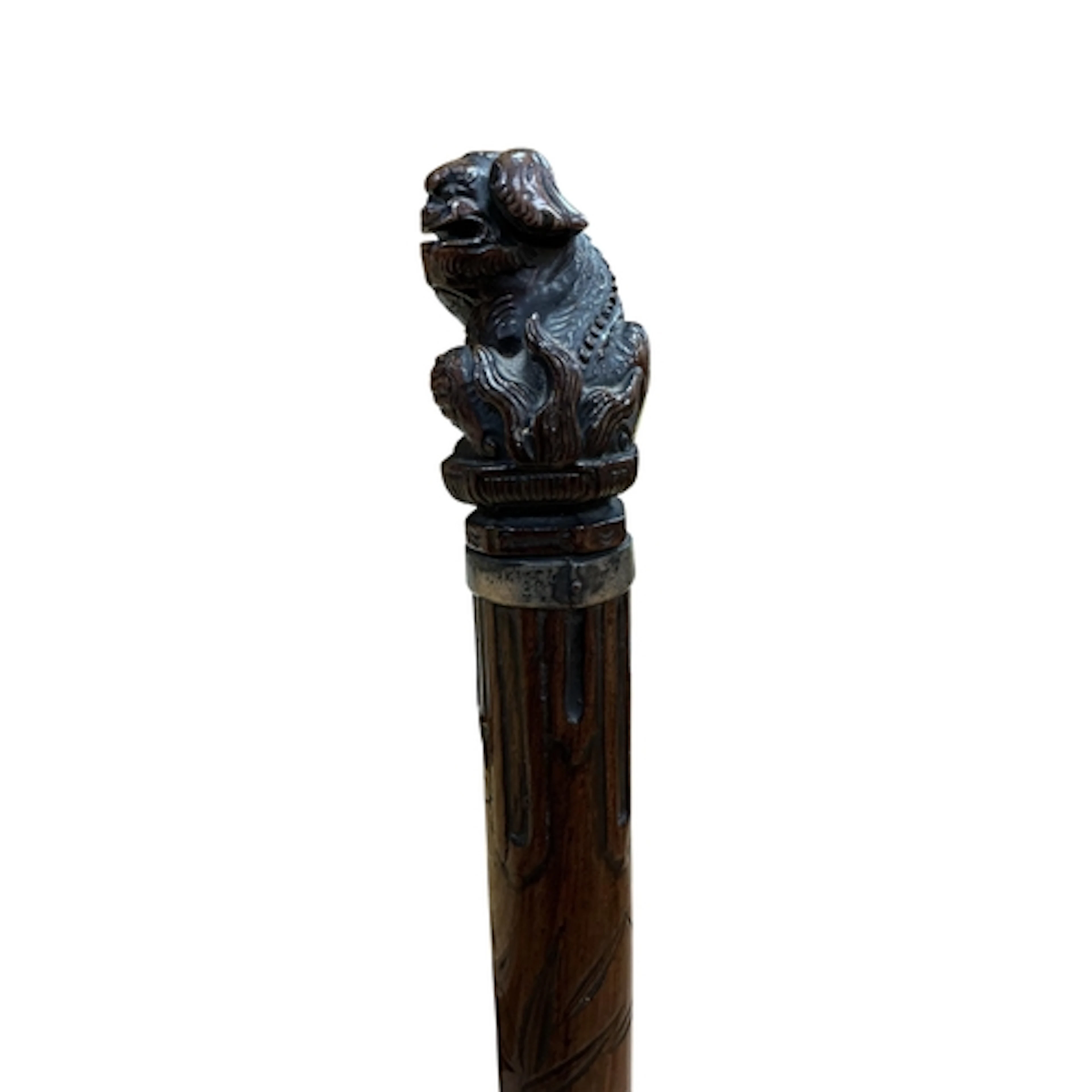 A Chinese carved hardwood walking stick with British assayed...