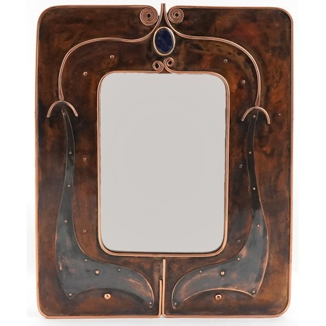 Sam Fanaroff, Arts & Crafts style copper mirror set with a l...