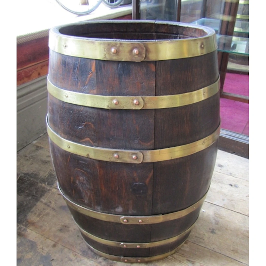 Antique Brass Bound Oak Barrell Form Stick and Umbrella Stan...