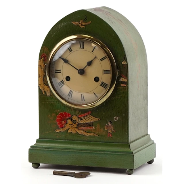 Chinese dome topped mantle clock hand painted in the chinois...