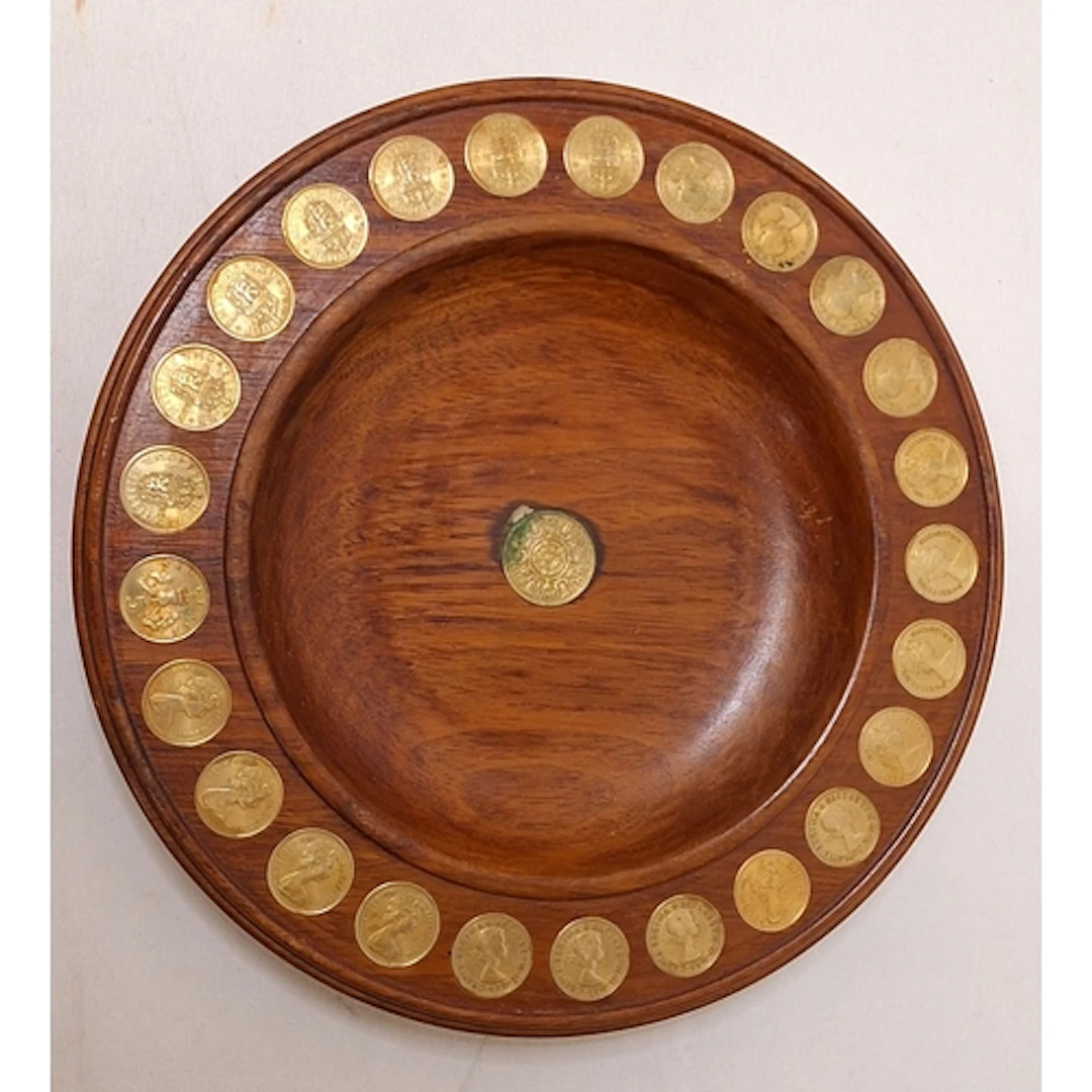 Unusual Turned Wooden Dished Bowl set gilded shillings & 5 p...