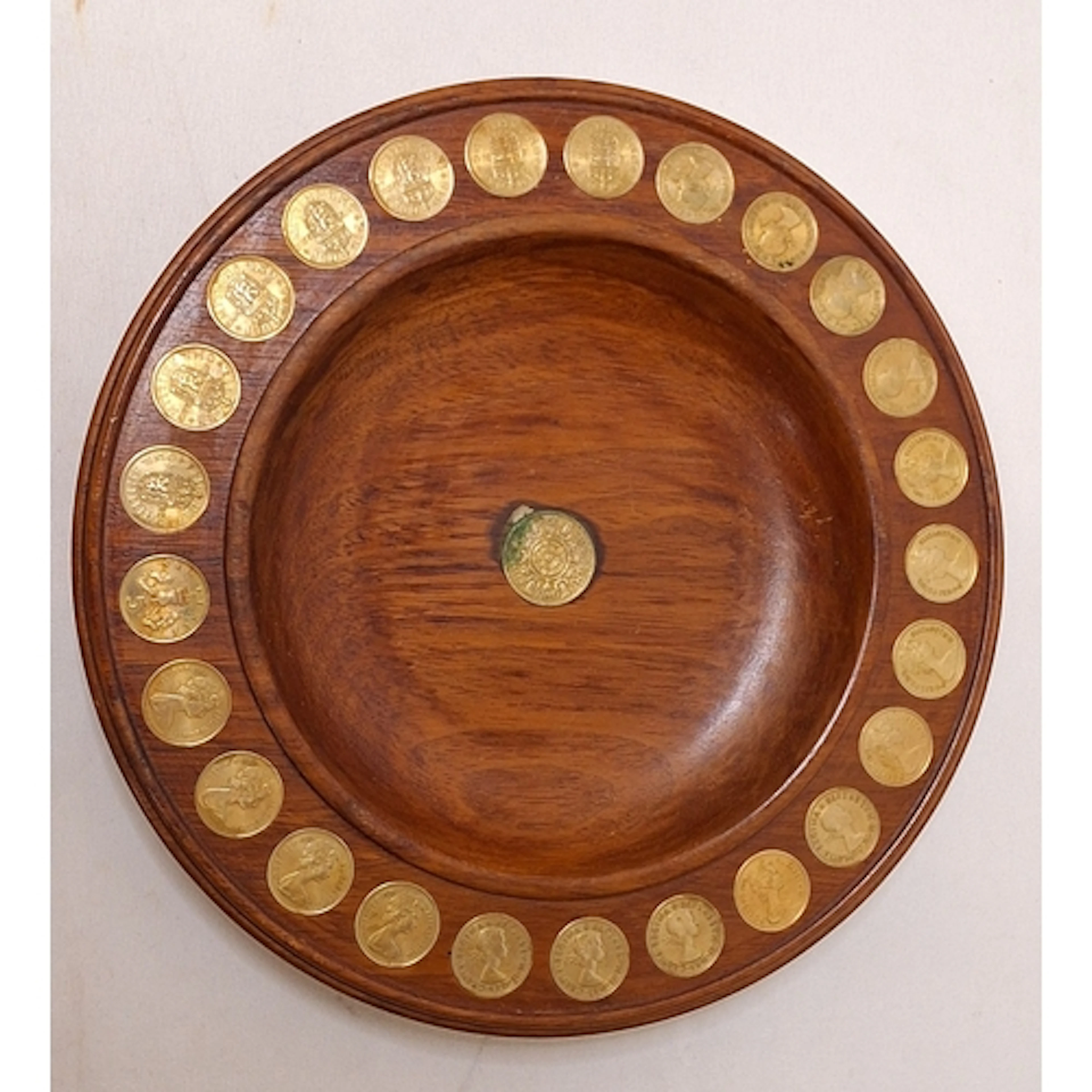 Unusual Turned Wooden Dished Bowl set gilded shillings & 5 p...