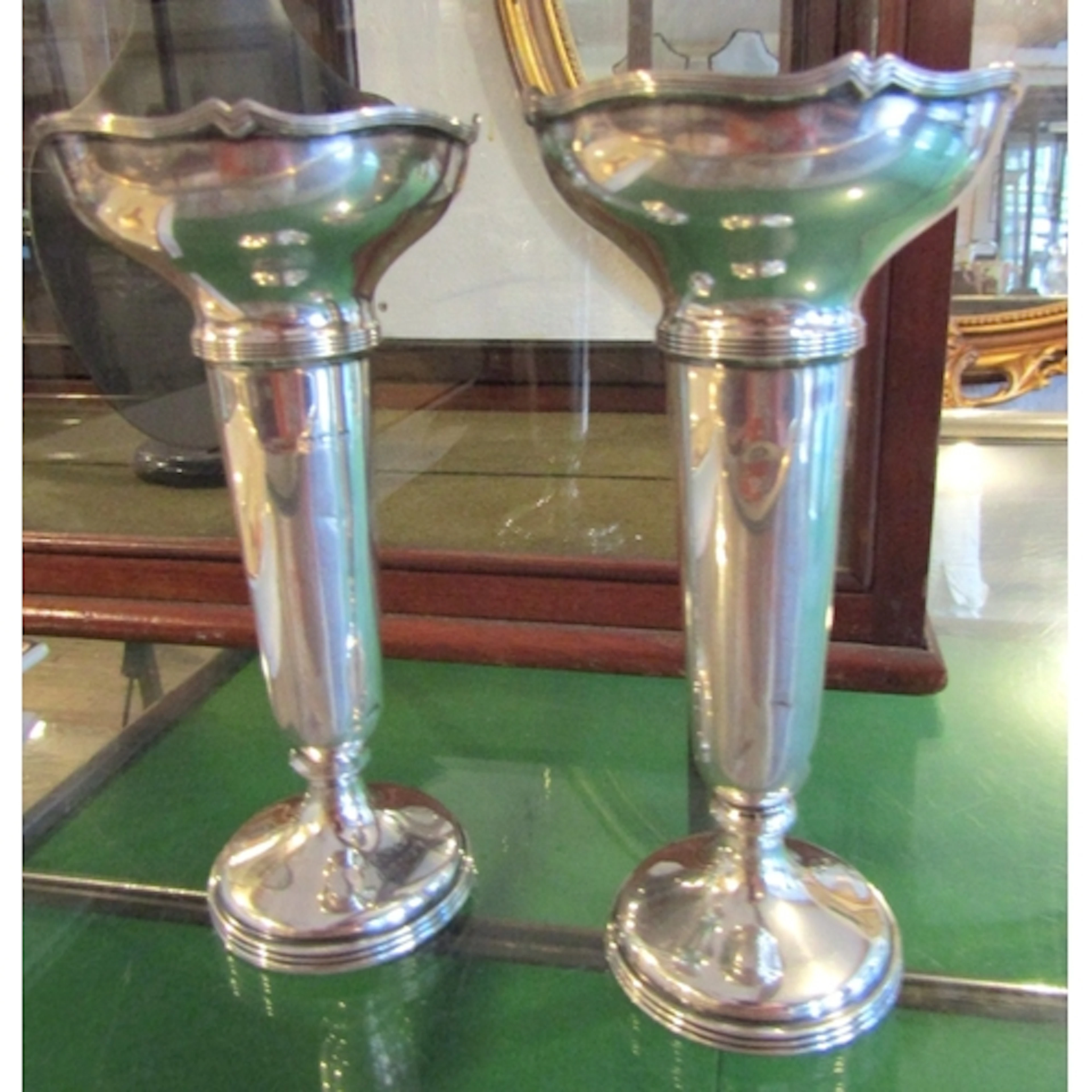 Pair of Antique Silver Flower Vases Pedestal Form Open Flare...