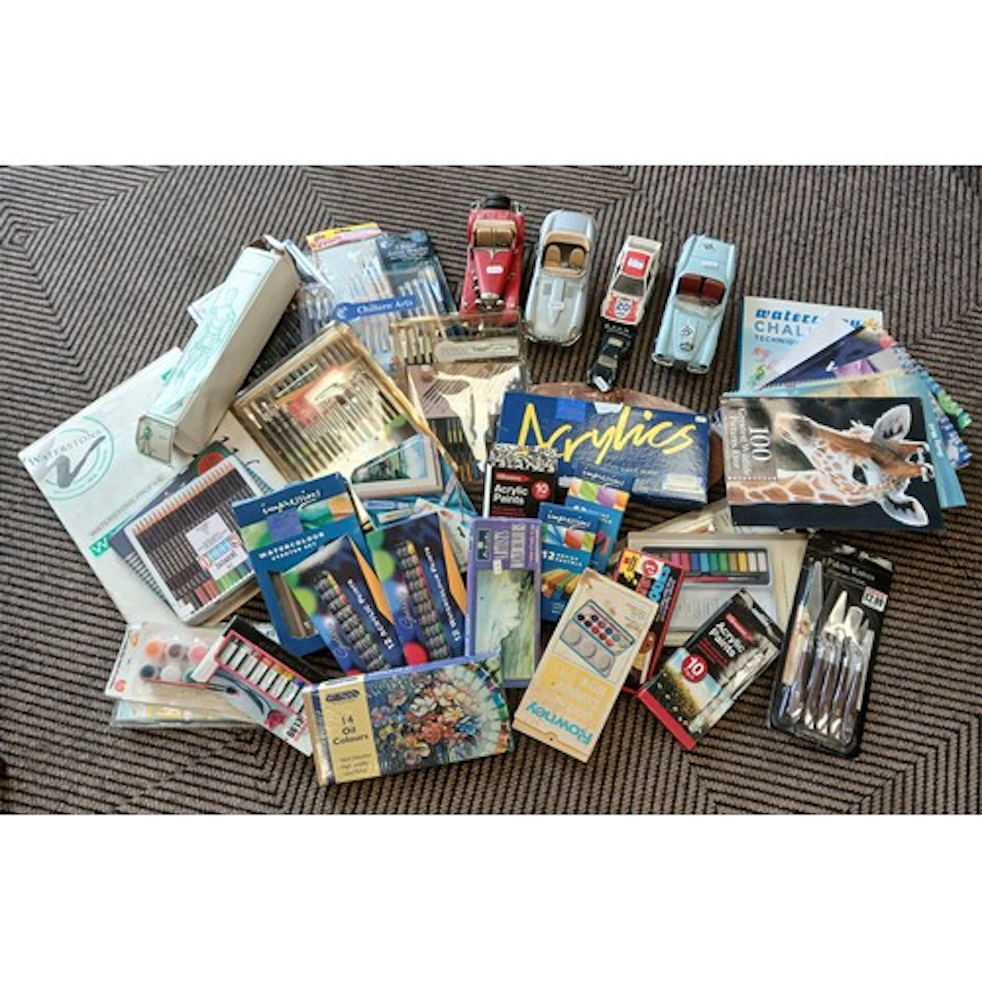Box of assorted artists drawing equipment and materials and ...