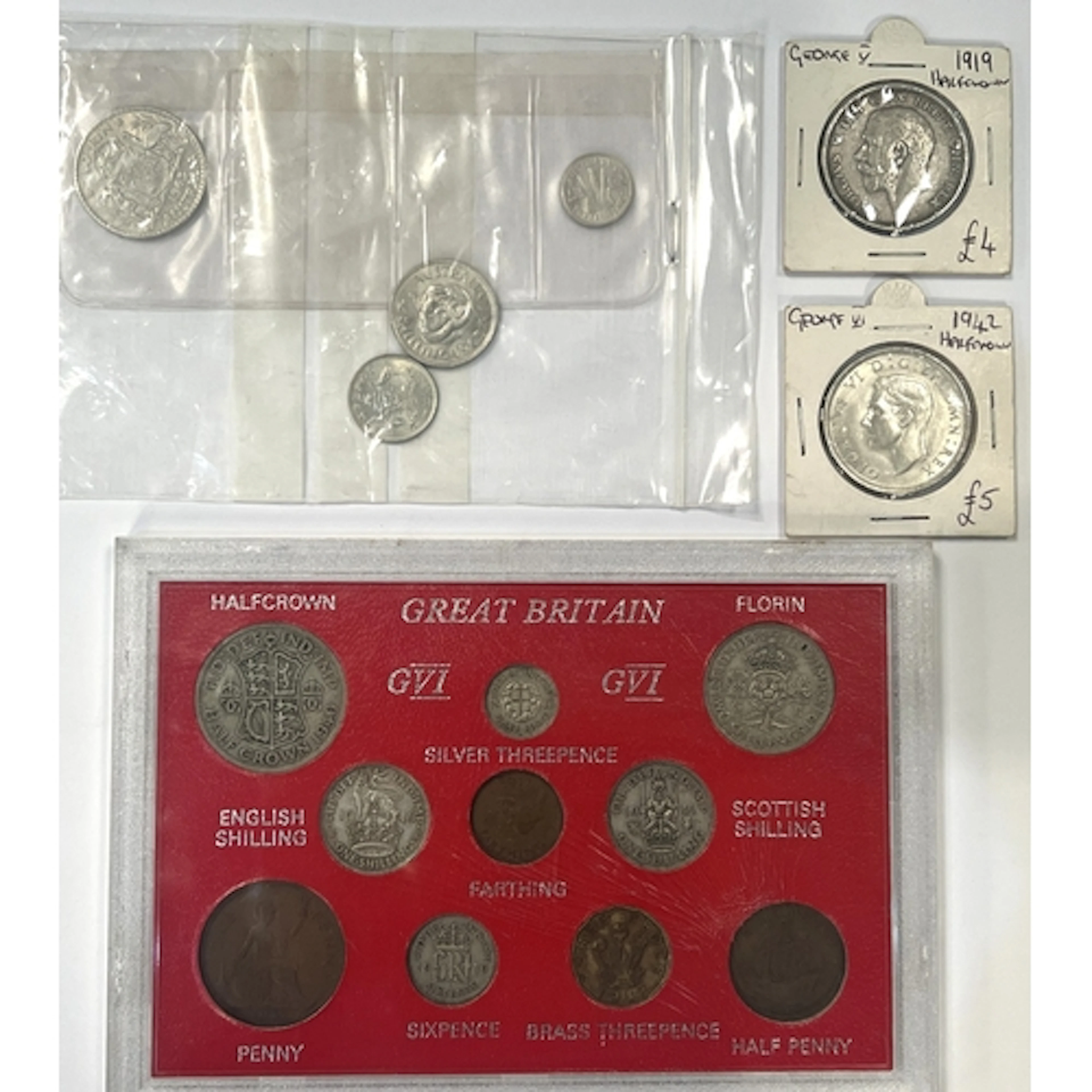 A GVI GB coin set, a 1919 and 1942 half crowns, 4 1963 Austr...
