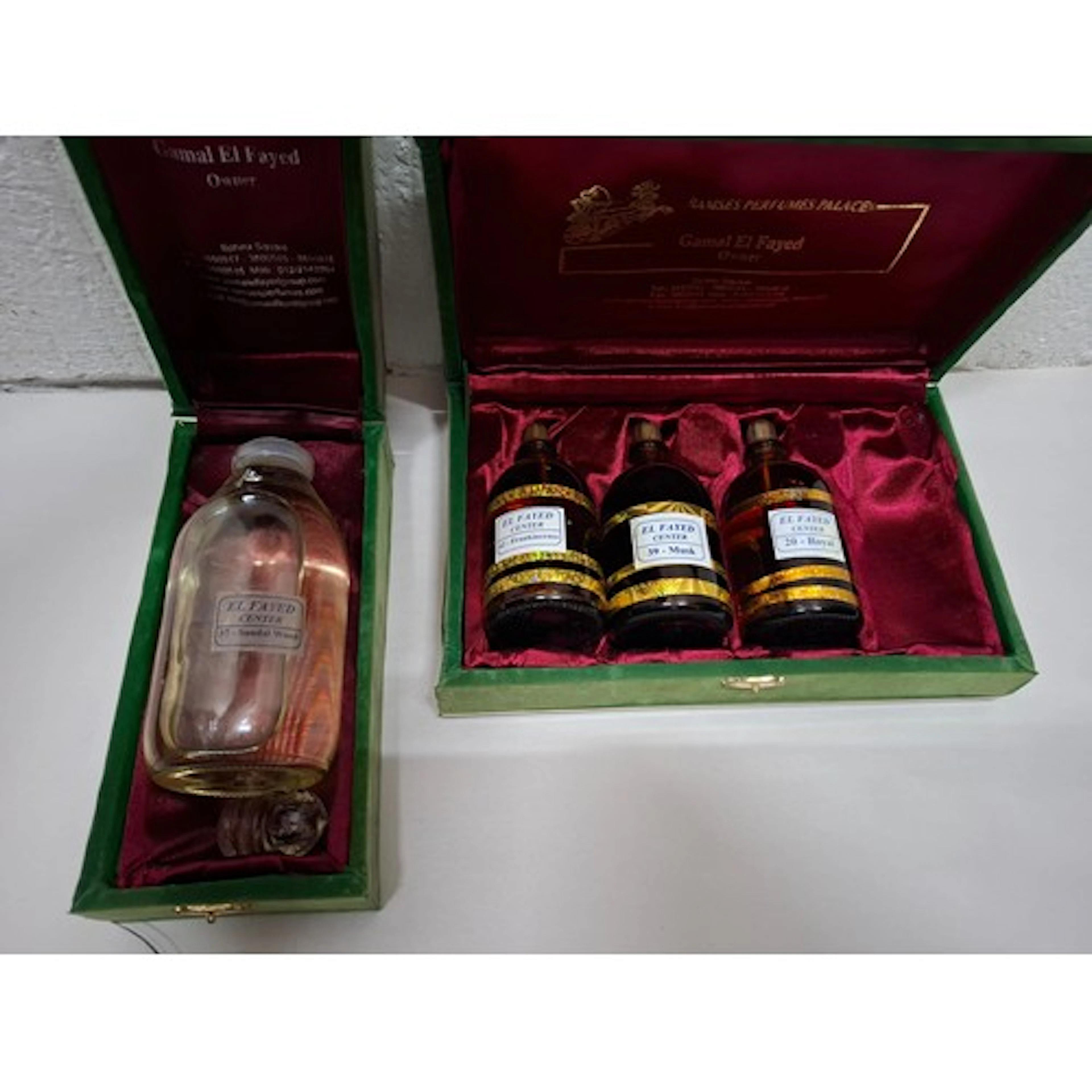 Three Middle Eastern green velvet cased Ramses Perfumes Pala...