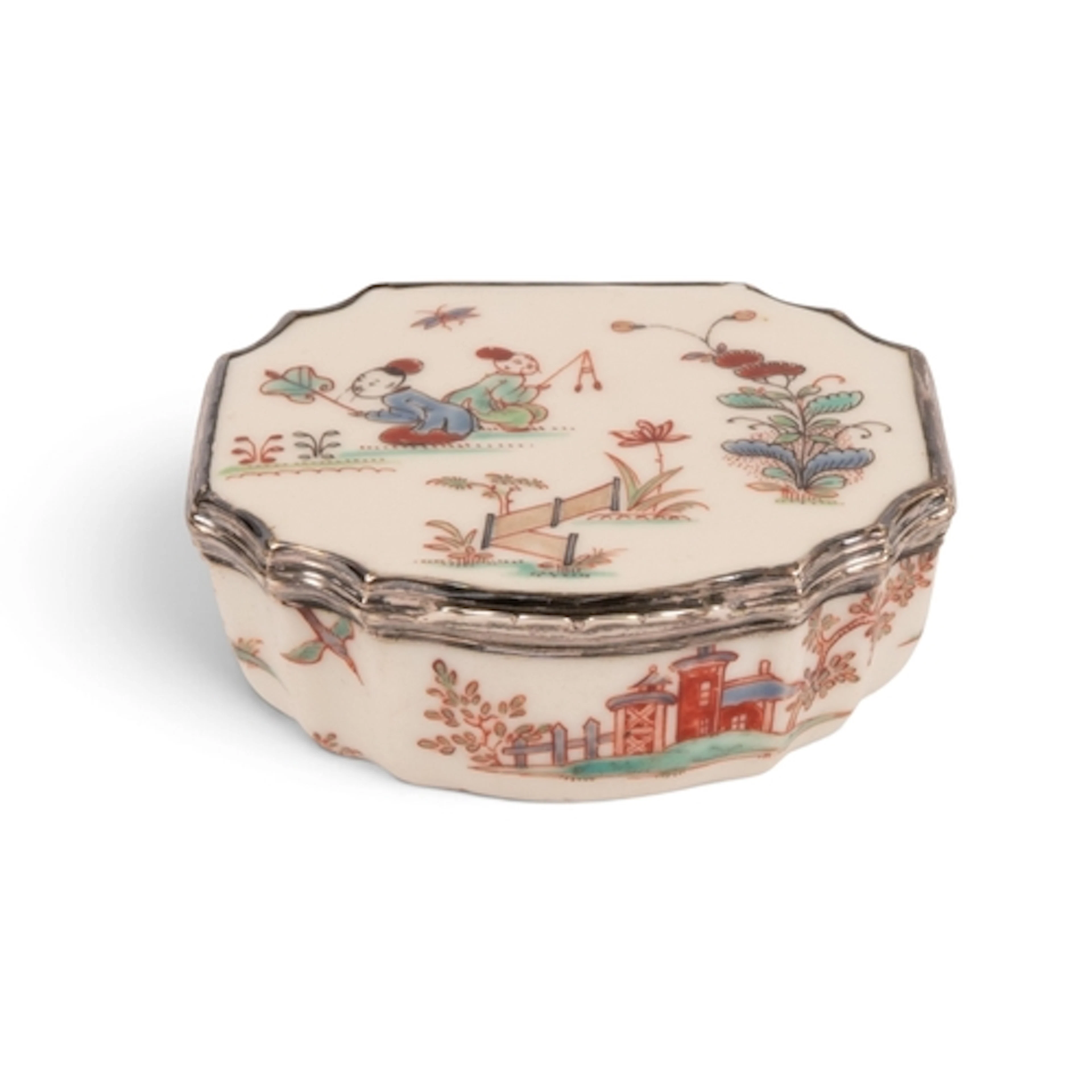 A silver-mounted Saint Cloud snuff box, c.1745, the shaped f...