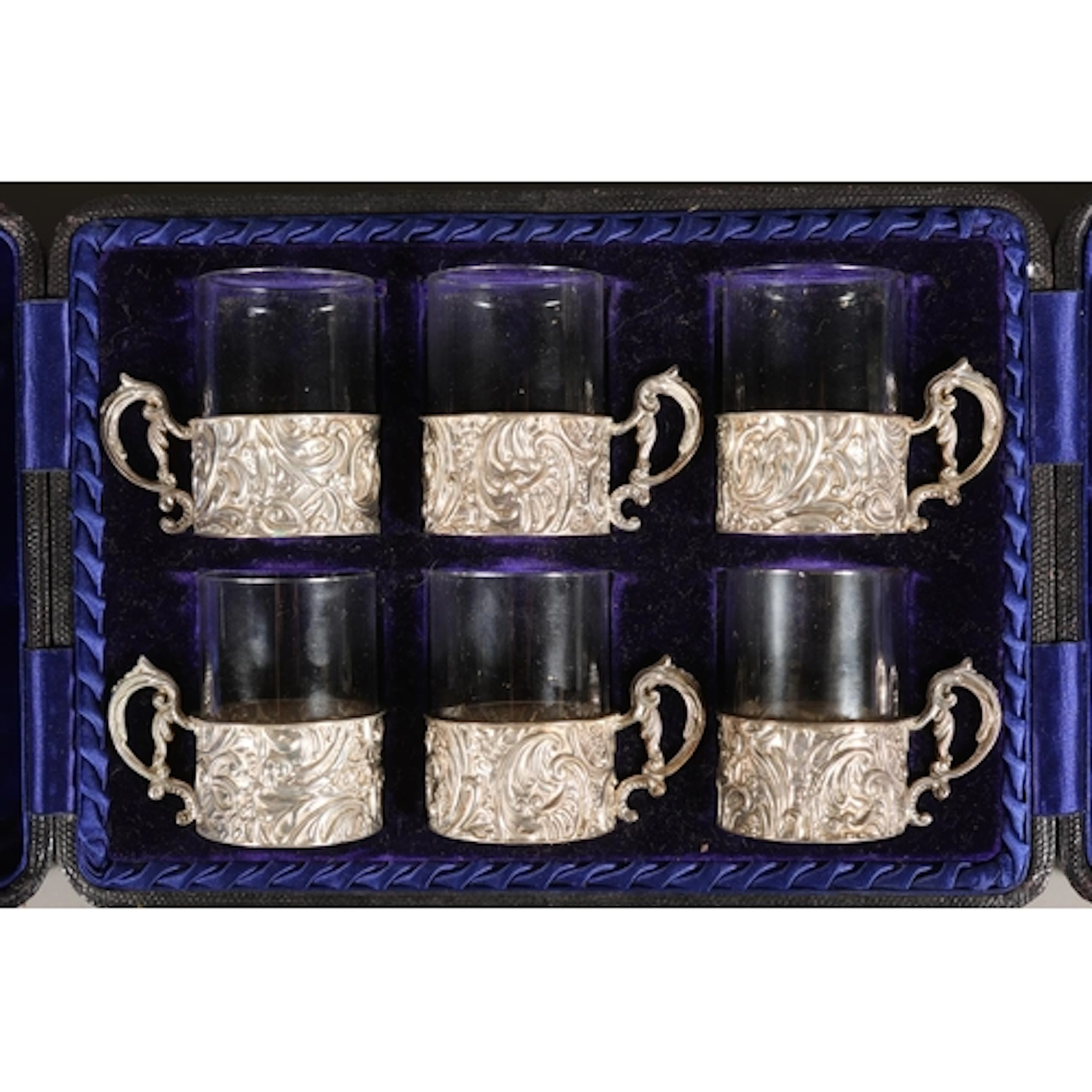 Set of six Victorian glass tea cups with silver holders by S...