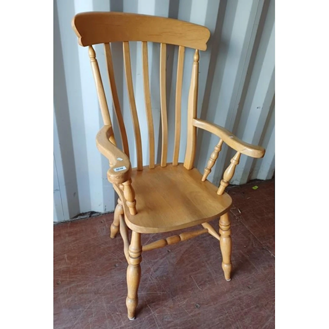 PINE SPAR BACK OPEN ARMCHAIR ON TURNED SUPPORTS