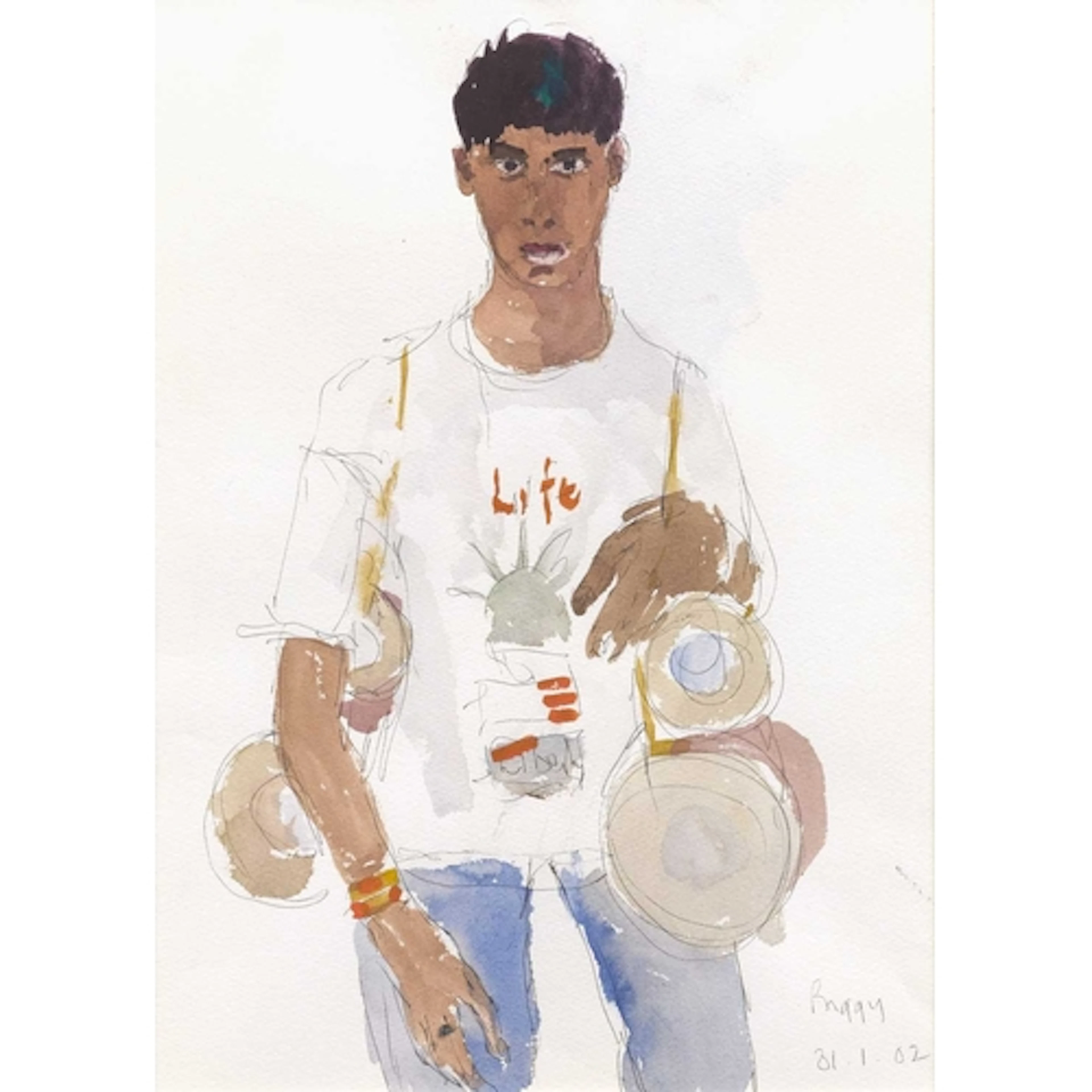 § John MILLER (1931-2002) Biggy - Drum Seller Gouache, inscr...