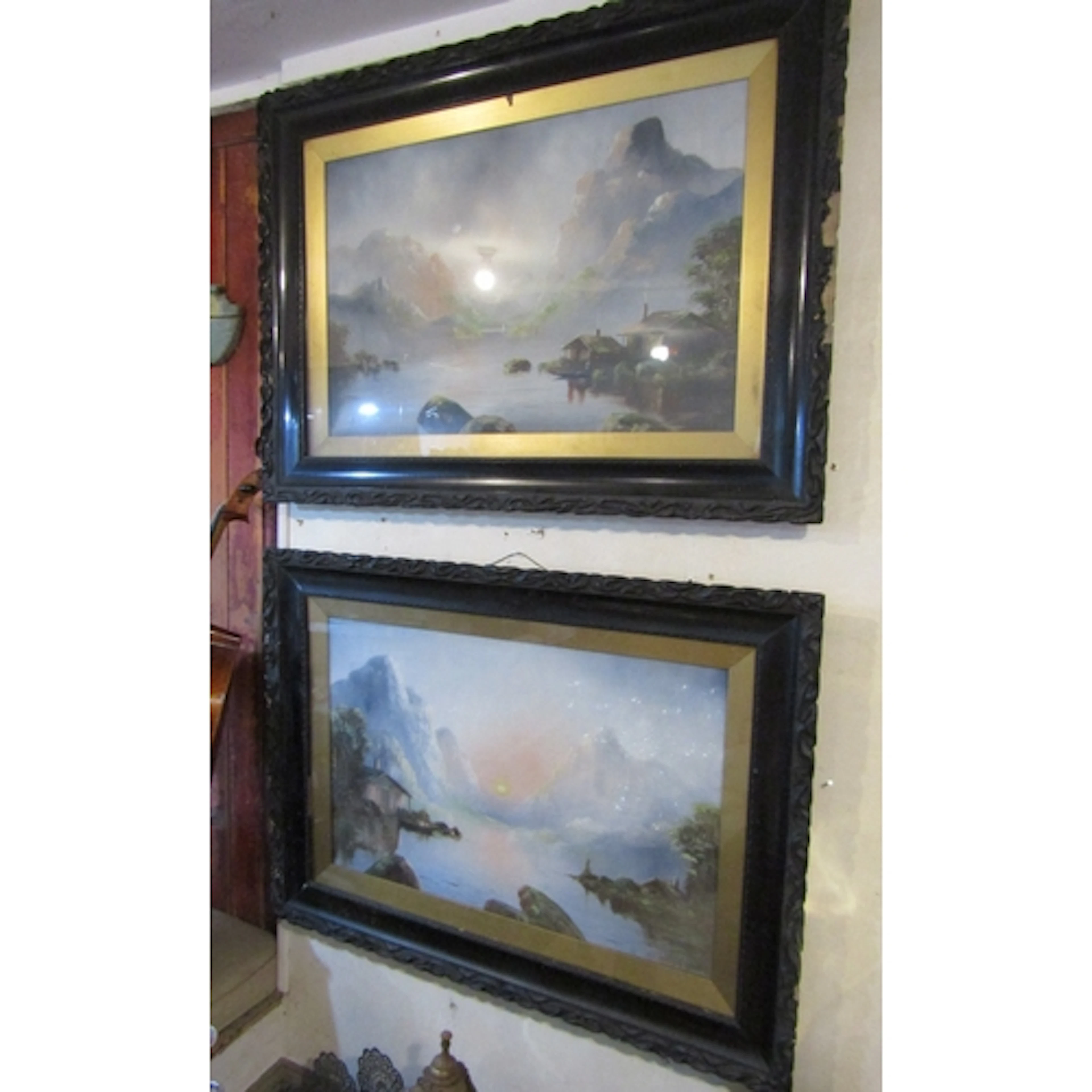 Antique School Pair of Oil Paintings Lough Scenes Mountains ...