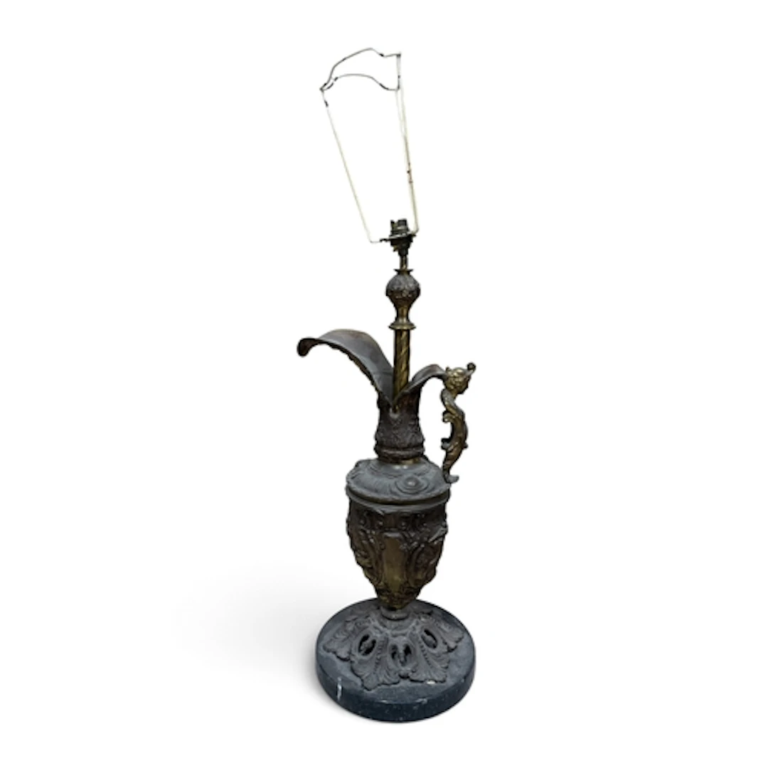 A BRONZE CLASSICAL URN ADAPTED FOR A LAMP Marble base. 65cm ...