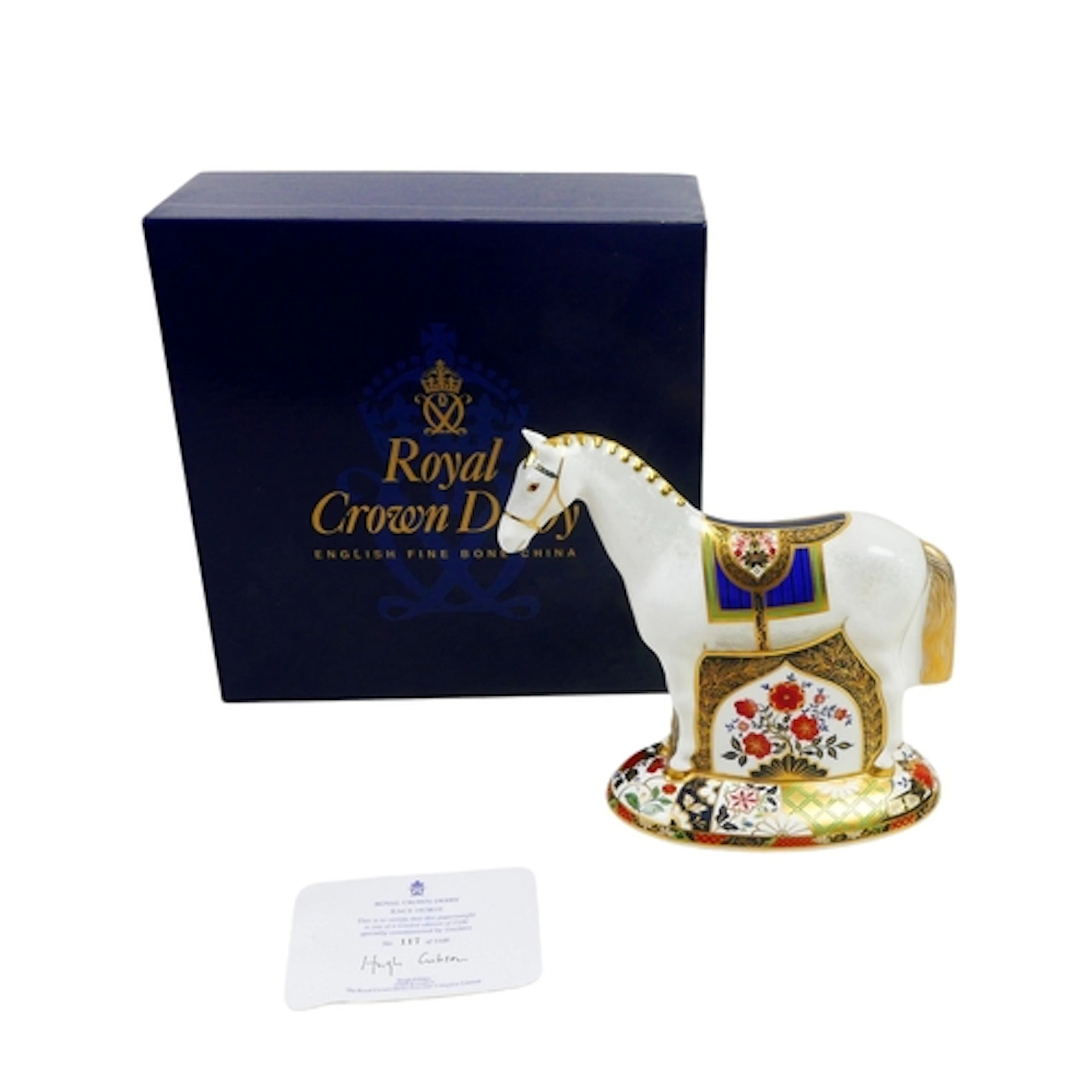 A LIMITED EDITION ROYAL CROWN DERBY RACE HORSE PAPERWEIGHT. ...