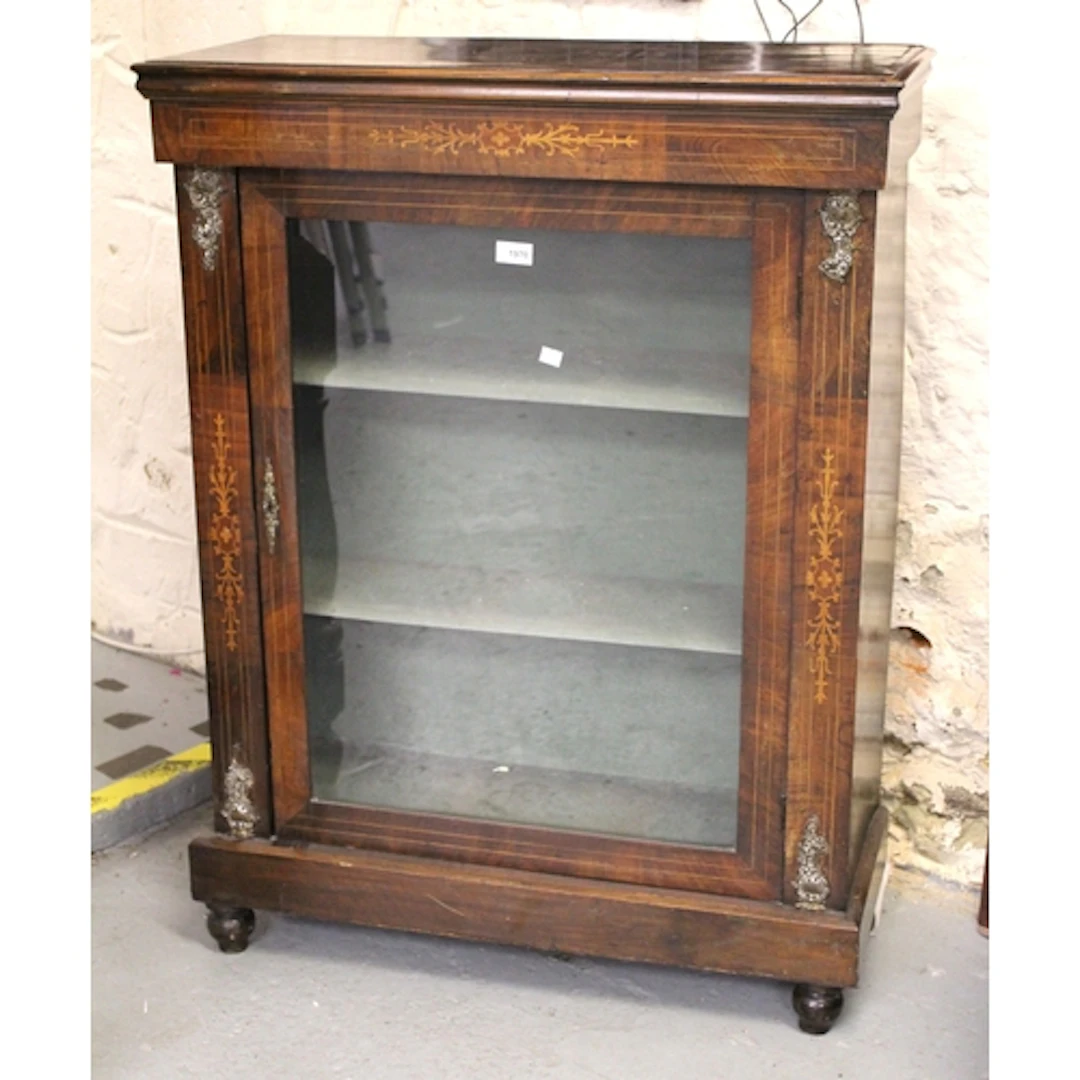 19th Century walnut inlaid pier cabinet with single glazed d...