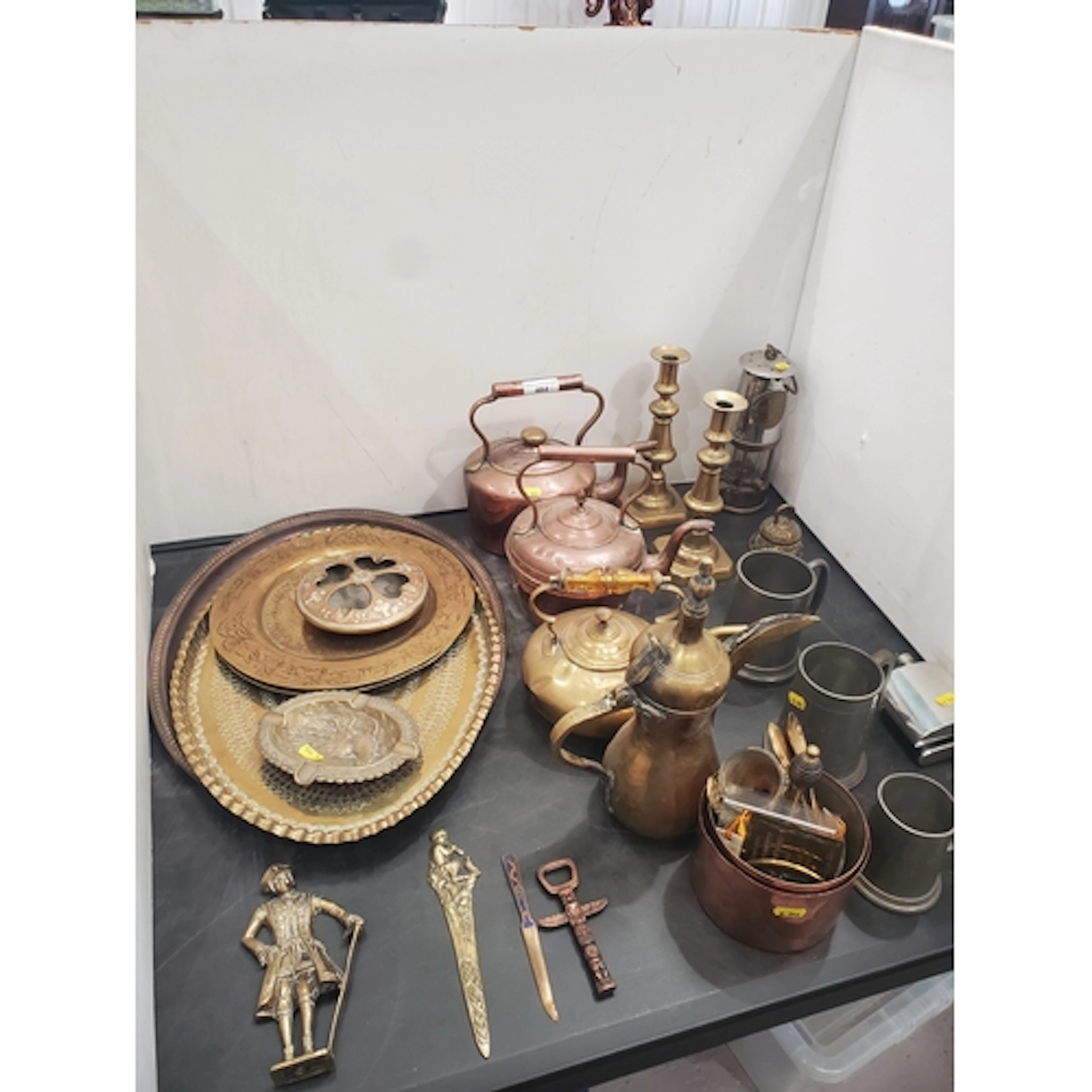 A collection of metalware including pair of brass Candlestic...