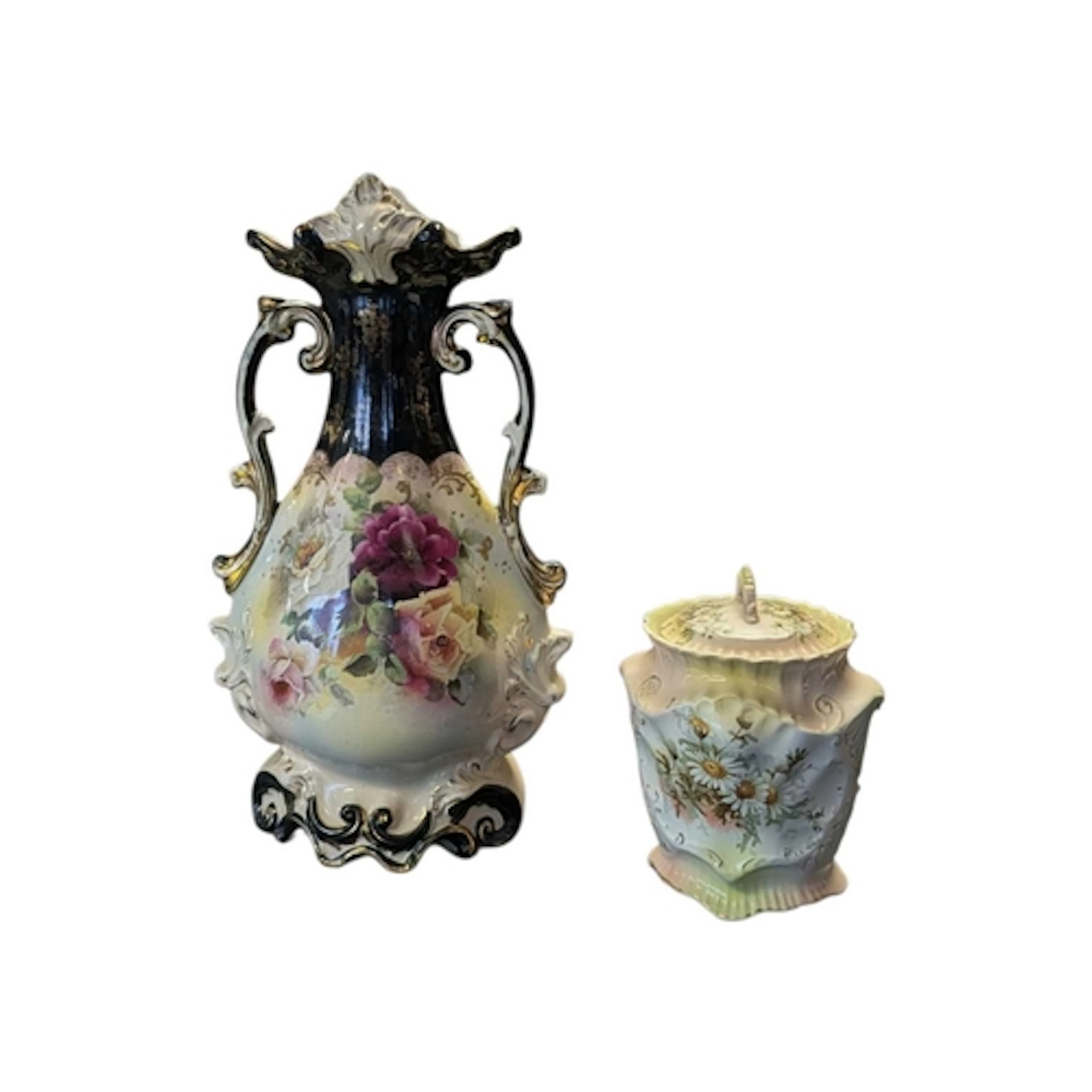 A 19th century Victorian Staffordshire ceramic vase alongsid...