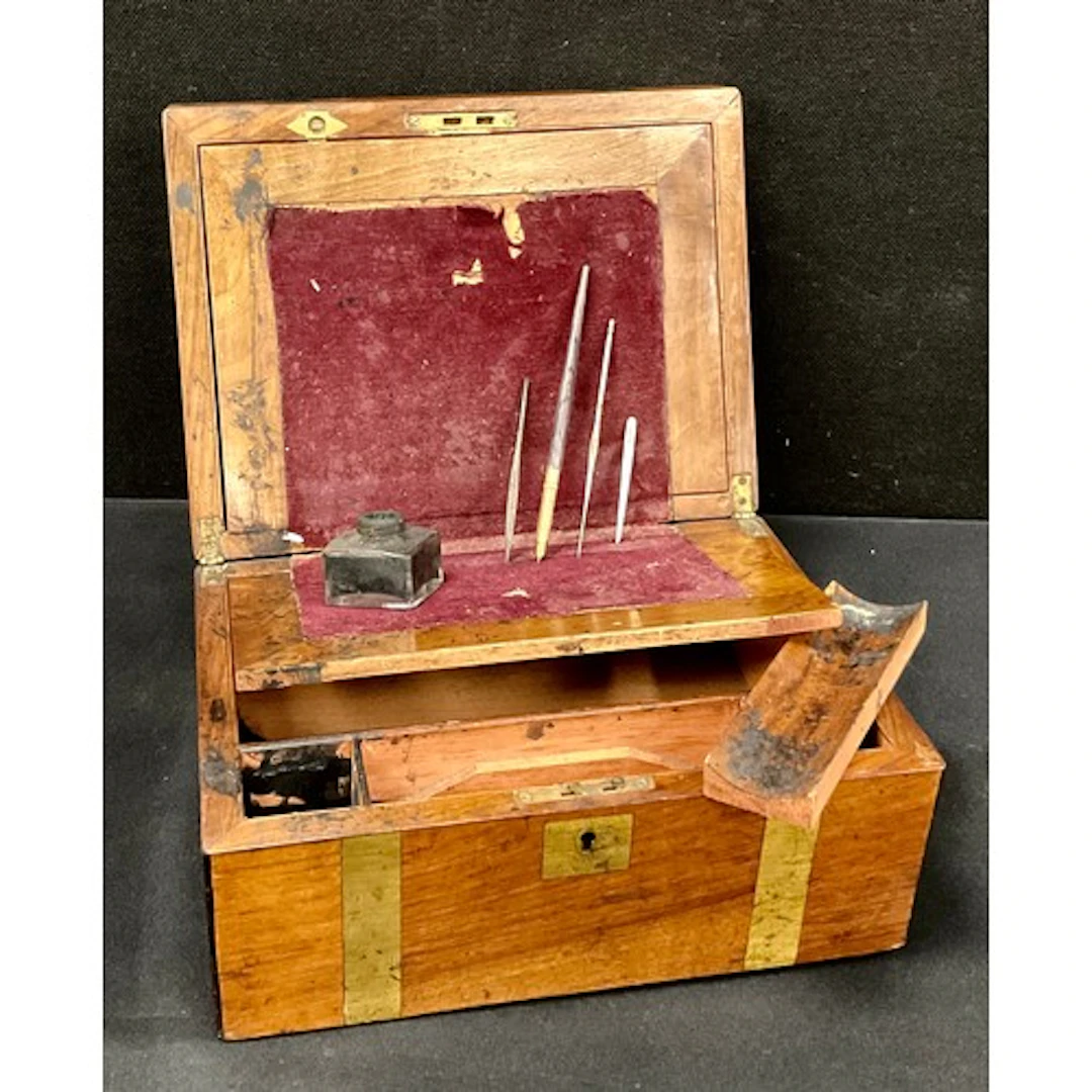A Victorian brass bound walnut writing box, fitted interior,...
